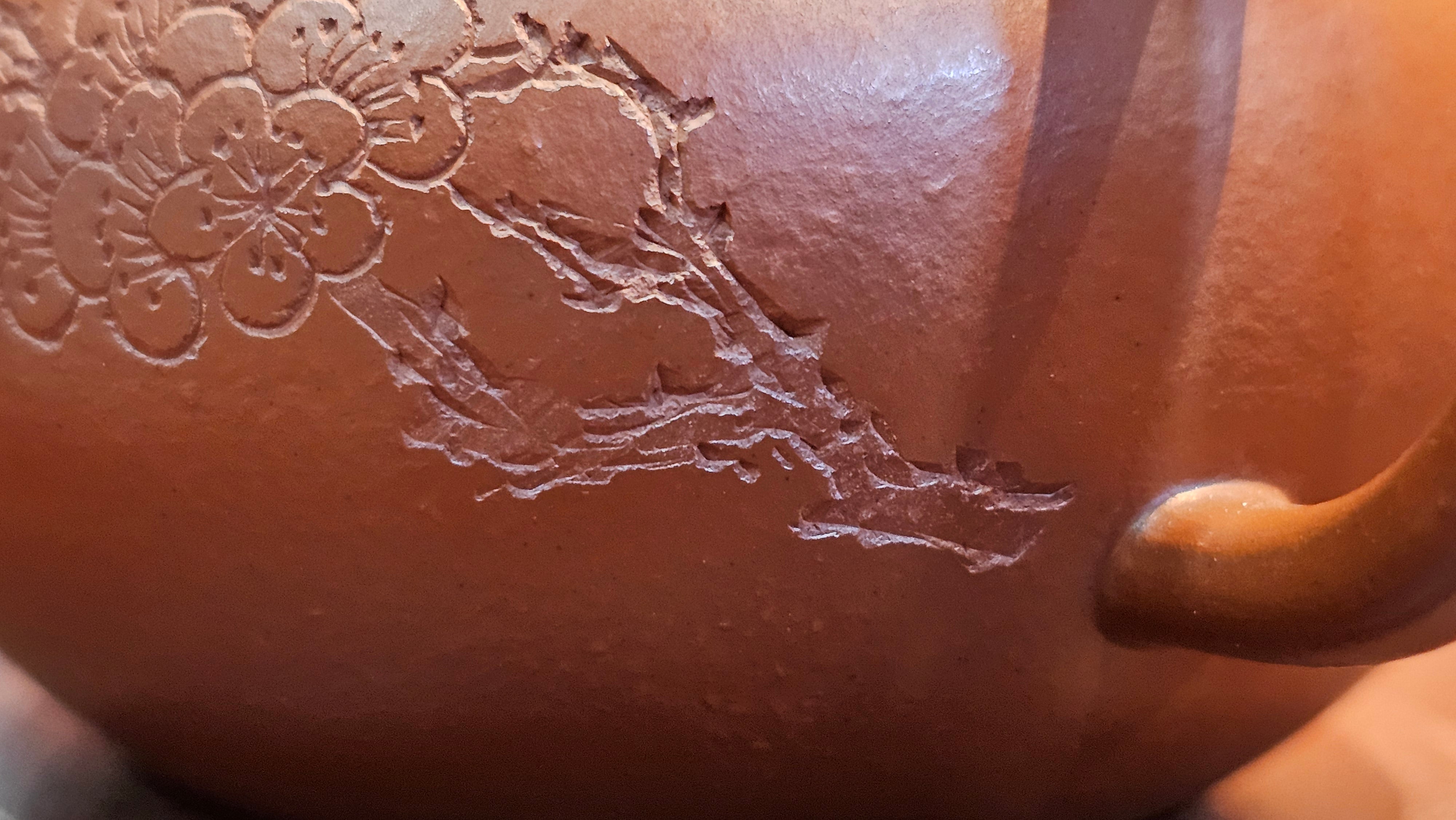 Li Xing 梨形, 171.5ml, Xiao Mei Yao Zhu Ni 小煤窑朱泥 by our Collaborative Craftsman Zhai Yi Yao 翟一耀。Plum Blossoms Engraving 梅花刻绘, 与 "暗香疏影" by Craftsman Yi De Shu 一德书。~ Congratulations to Mr E.P., 1826hrs 10th Apr, Holyoke, MA.