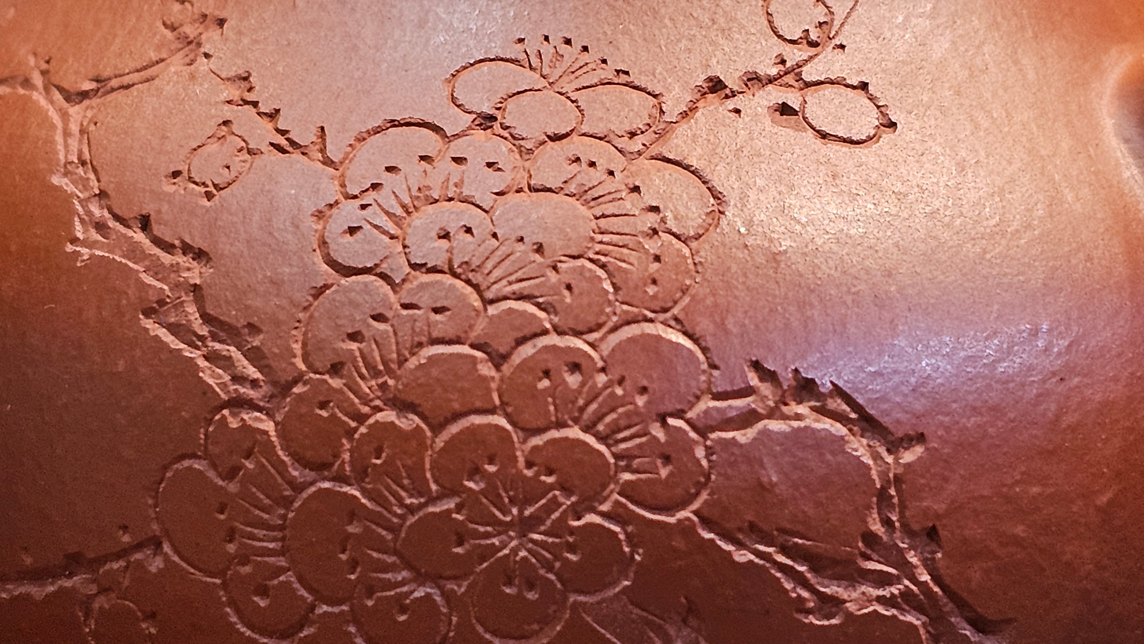 Li Xing 梨形, 171.5ml, Xiao Mei Yao Zhu Ni 小煤窑朱泥 by our Collaborative Craftsman Zhai Yi Yao 翟一耀。Plum Blossoms Engraving 梅花刻绘, 与 "暗香疏影" by Craftsman Yi De Shu 一德书。~ Congratulations to Mr E.P., 1826hrs 10th Apr, Holyoke, MA.