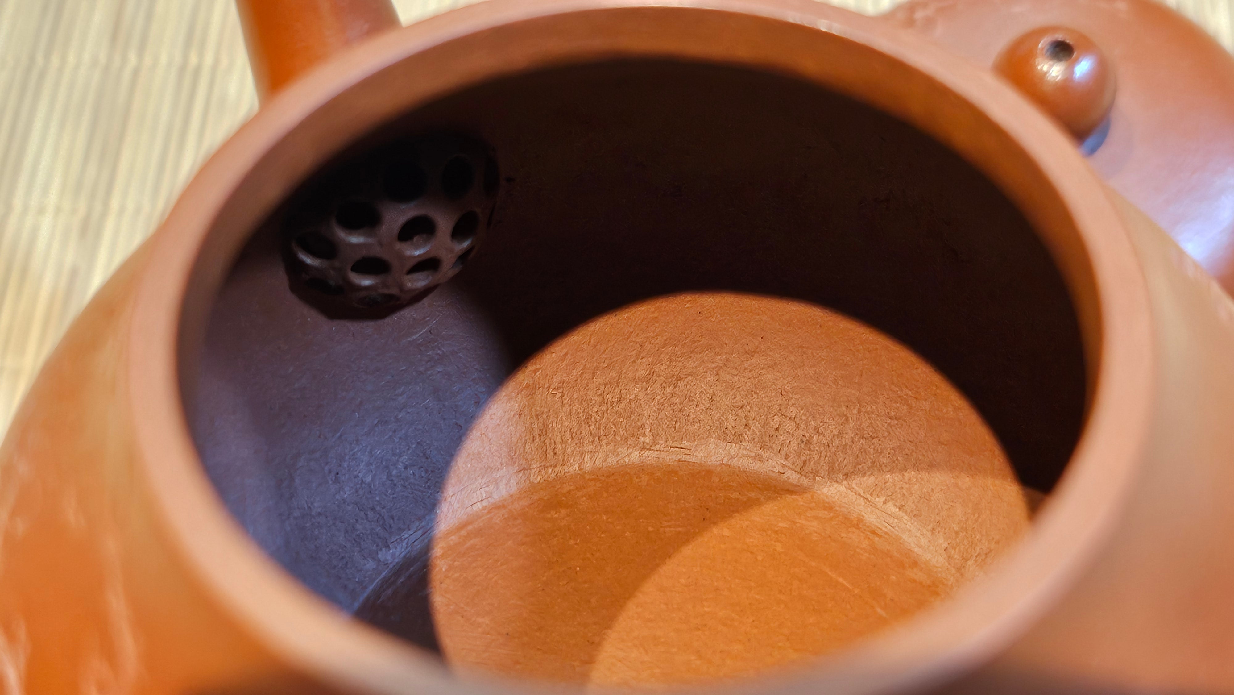 Li Xing 梨形, 171.5ml, Xiao Mei Yao Zhu Ni 小煤窑朱泥 by our Collaborative Craftsman Zhai Yi Yao 翟一耀。Plum Blossoms Engraving 梅花刻绘, 与 "暗香疏影" by Craftsman Yi De Shu 一德书。~ Congratulations to Mr E.P., 1826hrs 10th Apr, Holyoke, MA.