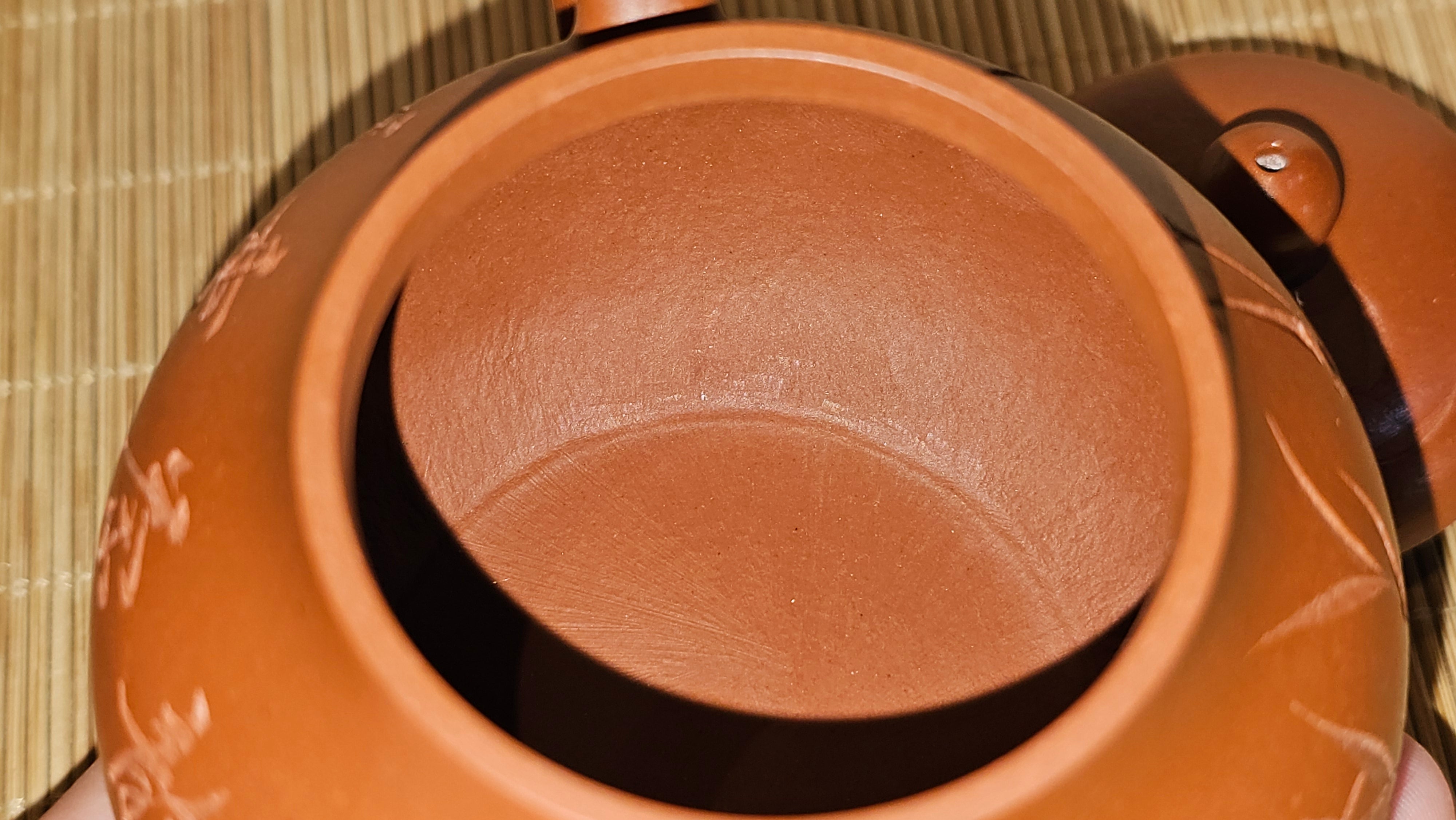 Li Xing 梨形, 166.5ml, Xiao Mei Yao Zhu Ni 小煤窑朱泥 by our Collaborative Craftsman Zhai Yi Yao 翟一耀。"竹韵茶香", 竹刻绘, Engraving of Bamboos and Calligraphy, by Craftsman Yi De Shu 一德书 ~ Congratulations to Mr R.V., 1054hrs 12th Apr, Garden Grove, CA.