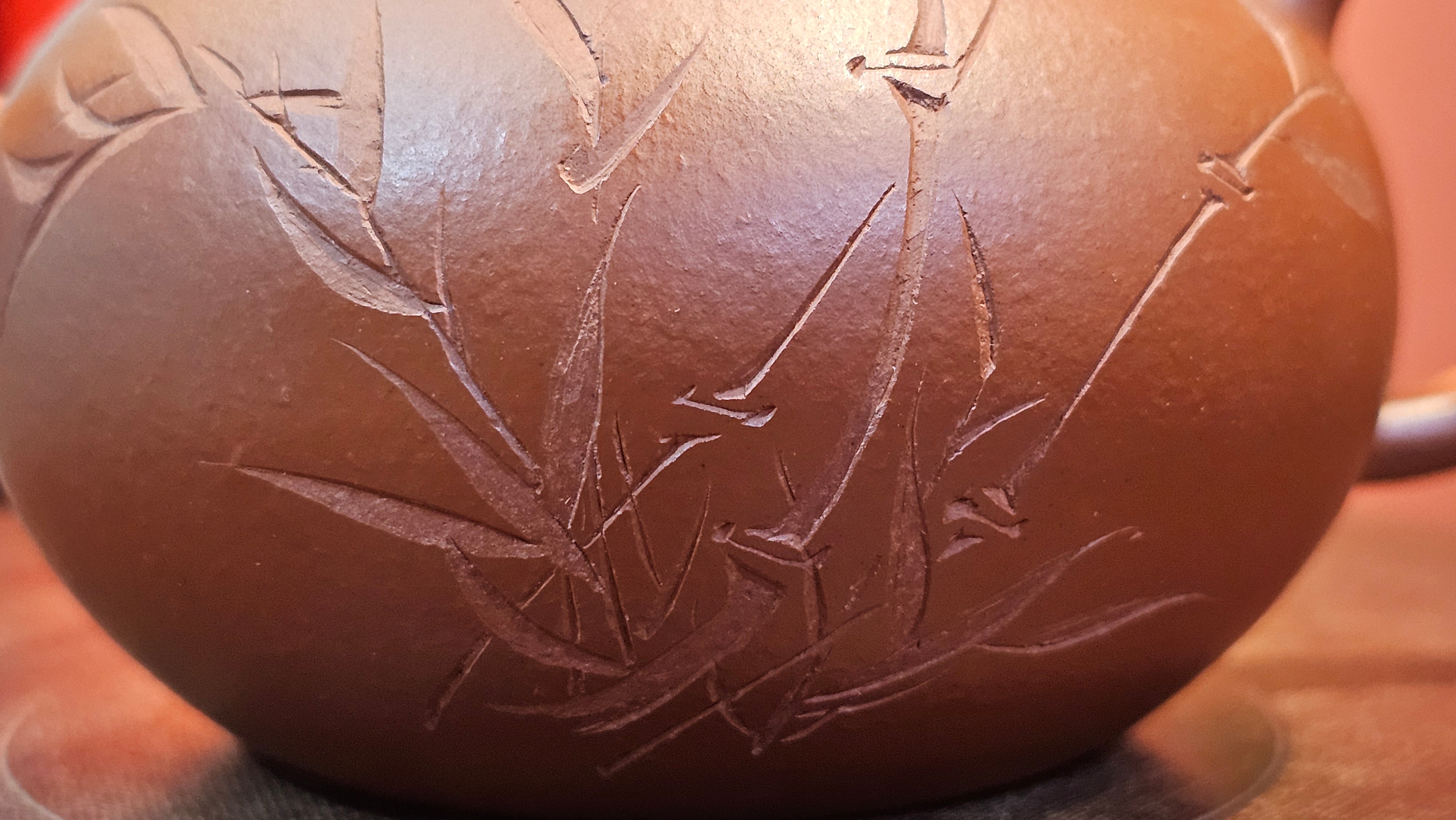 Li Xing 梨形, 170.3ml, Xiao Mei Yao Zhu Ni 小煤窑朱泥 by our Collaborative Craftsman Zhai Yi Yao 翟一耀。"竹韵茶香", 竹刻绘, Engraving of Bamboos and Calligraphy, by Craftsman Yi De Shu 一德书 ~ Congratulations to Mr M.P., 0019hrs 27th June 2025, Aurora, IL.