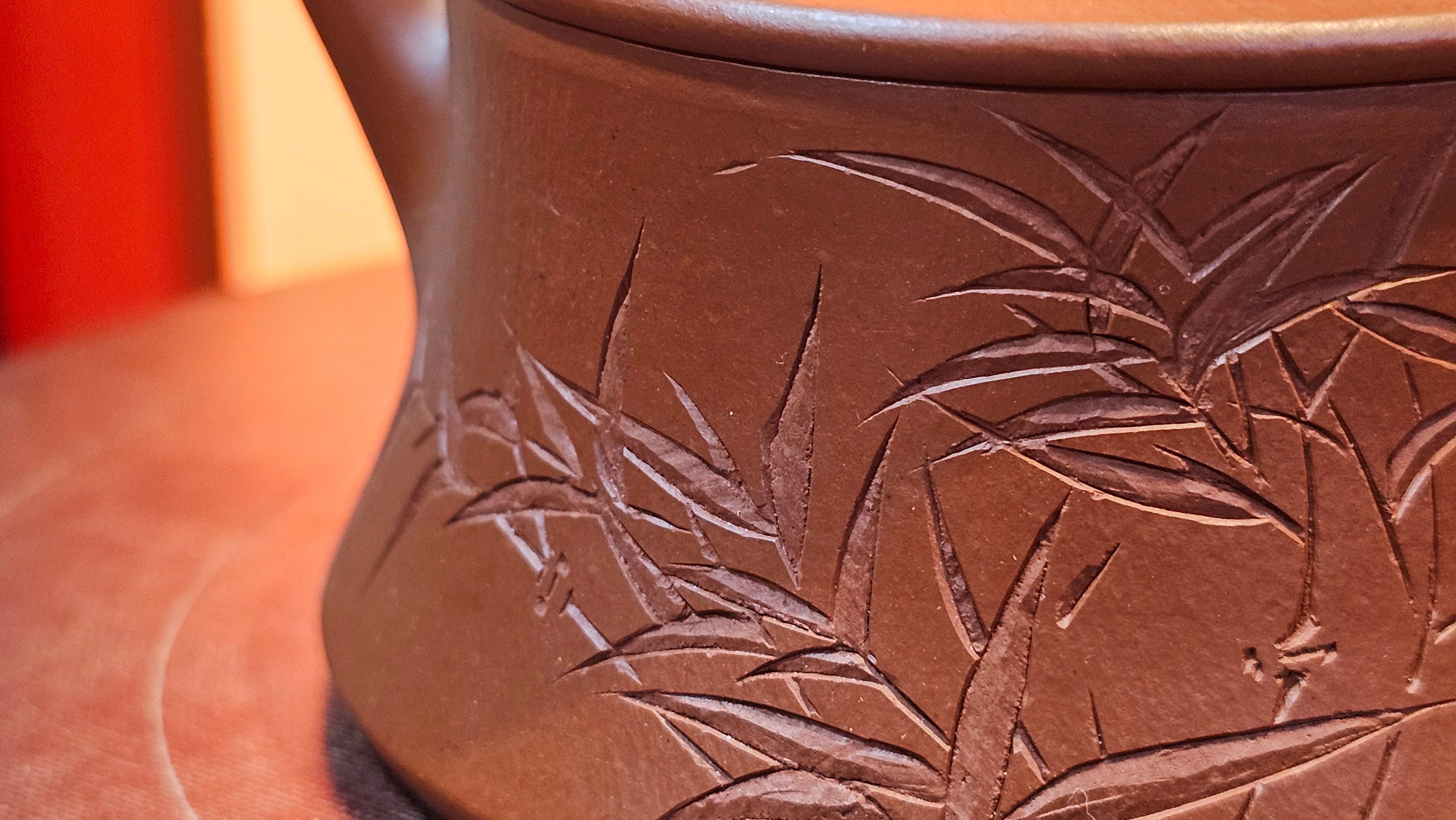 Yun Zhu 云柱 "Pillar of the Heavens", 141.8ml, Xiao Mei Yao Zhu Ni 小煤窑朱泥,  by our Collaborative Craftsman Wang Hui 王慧 ~ "劲竹凌风" and Bamboo Engraving by Craftsman Yi De Shu 一德书 ~ Congratulations to Mr D.!, 1109hrs 16th July 2025, Baldwin Park, CA.