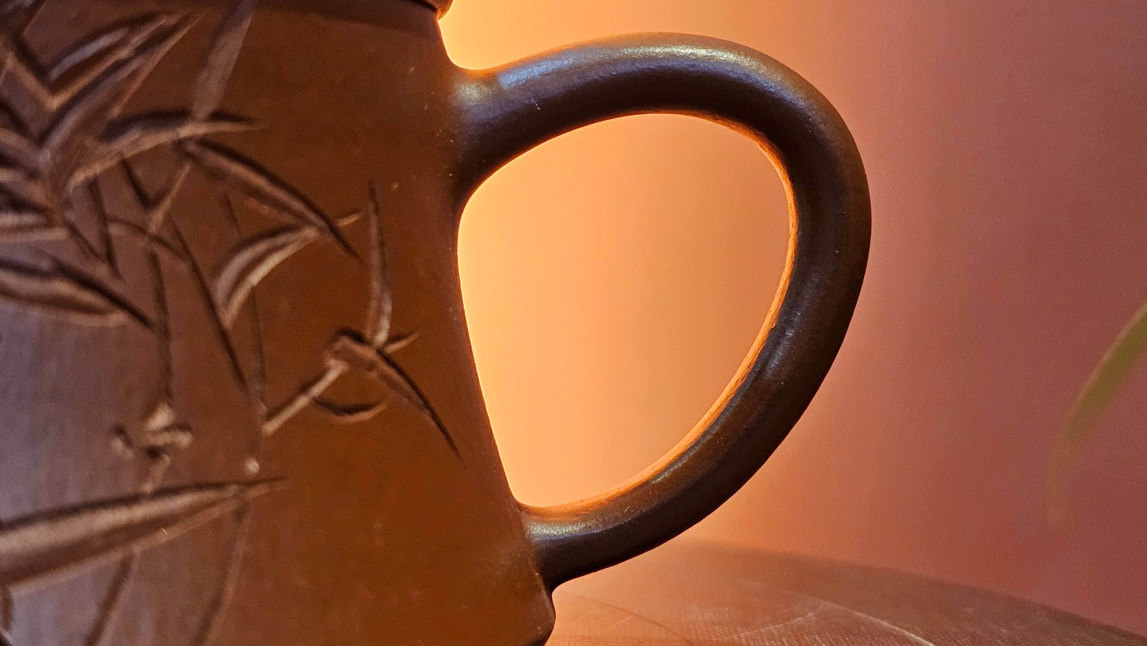 Yun Zhu 云柱 "Pillar of the Heavens", 141.8ml, Xiao Mei Yao Zhu Ni 小煤窑朱泥,  by our Collaborative Craftsman Wang Hui 王慧 ~ "劲竹凌风" and Bamboo Engraving by Craftsman Yi De Shu 一德书 ~ Congratulations to Mr D.!, 1109hrs 16th July 2025, Baldwin Park, CA.