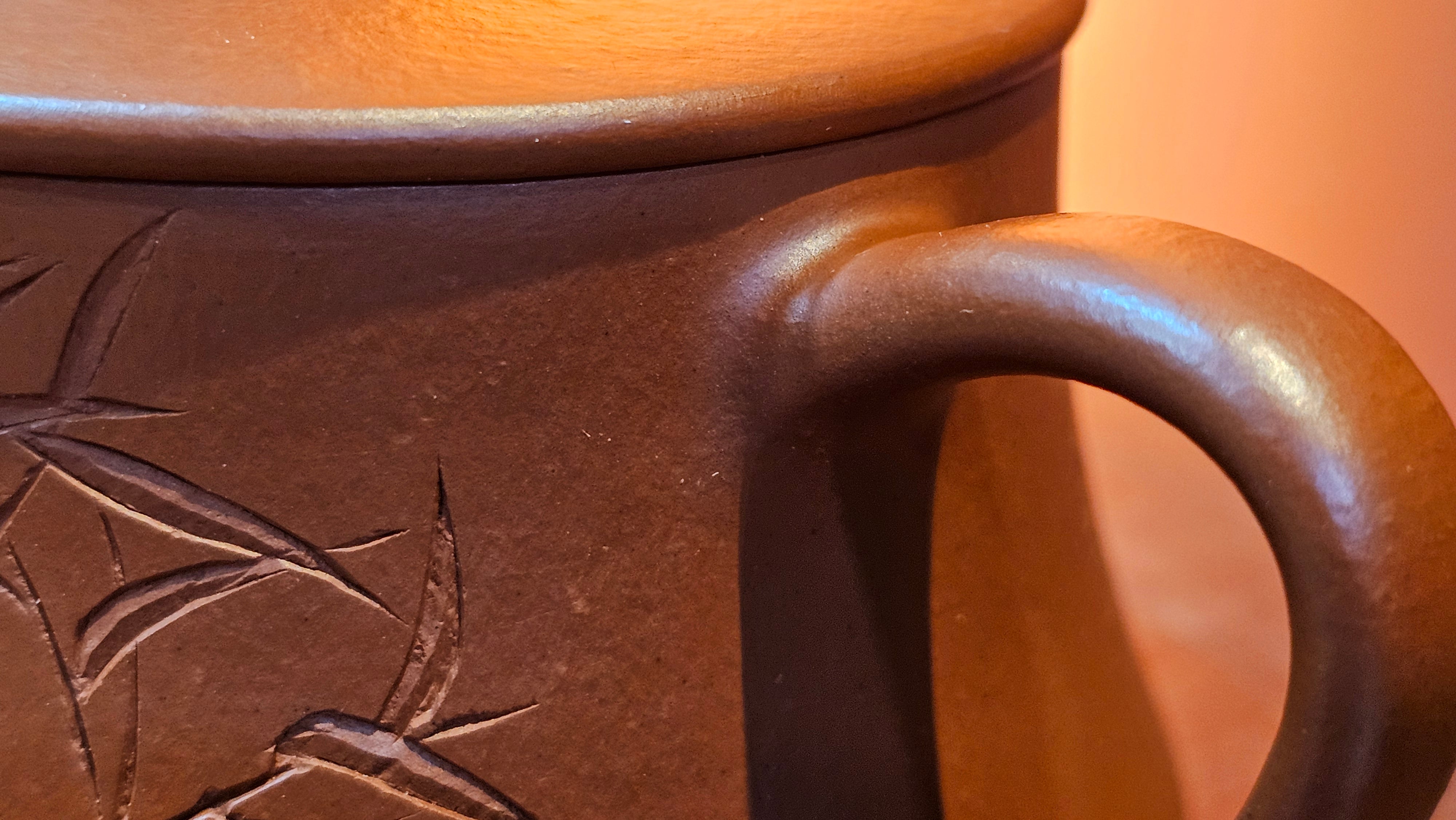 Yun Zhu 云柱 "Pillar of the Heavens", 141.8ml, Xiao Mei Yao Zhu Ni 小煤窑朱泥,  by our Collaborative Craftsman Wang Hui 王慧 ~ "劲竹凌风" and Bamboo Engraving by Craftsman Yi De Shu 一德书 ~ Congratulations to Mr D.!, 1109hrs 16th July 2025, Baldwin Park, CA.