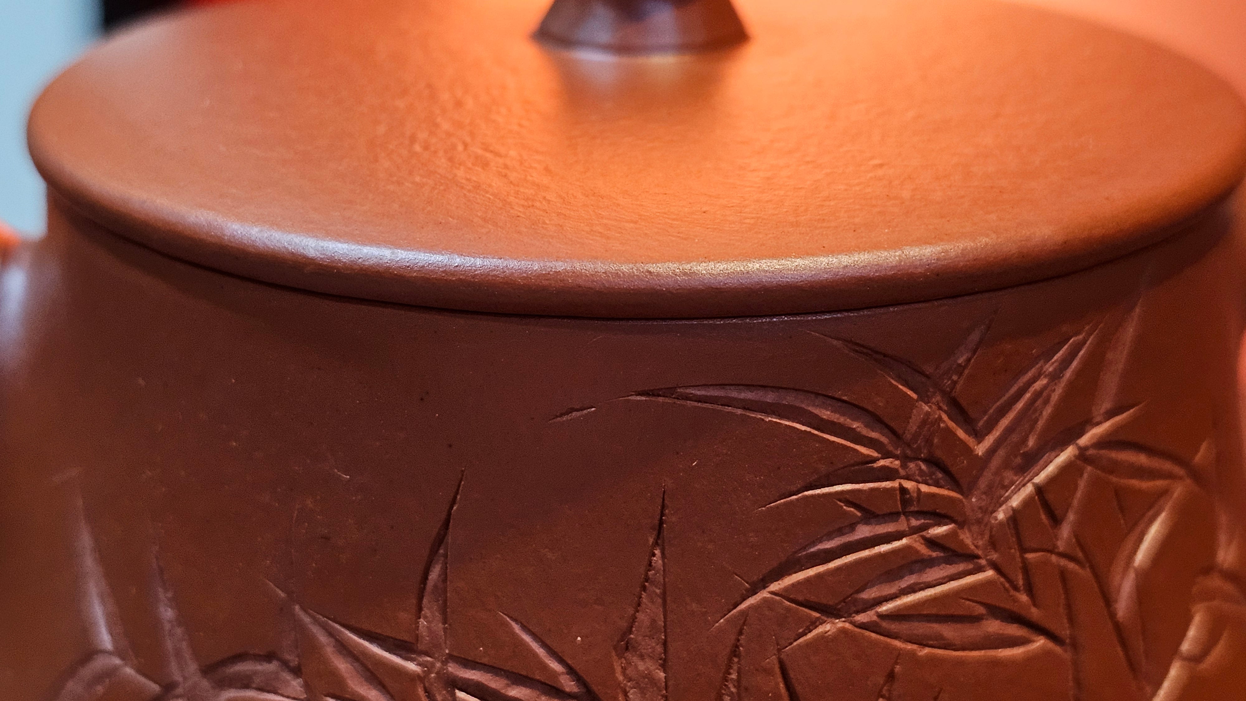 Yun Zhu 云柱 "Pillar of the Heavens", 141.8ml, Xiao Mei Yao Zhu Ni 小煤窑朱泥,  by our Collaborative Craftsman Wang Hui 王慧 ~ "劲竹凌风" and Bamboo Engraving by Craftsman Yi De Shu 一德书 ~ Congratulations to Mr D.!, 1109hrs 16th July 2025, Baldwin Park, CA.