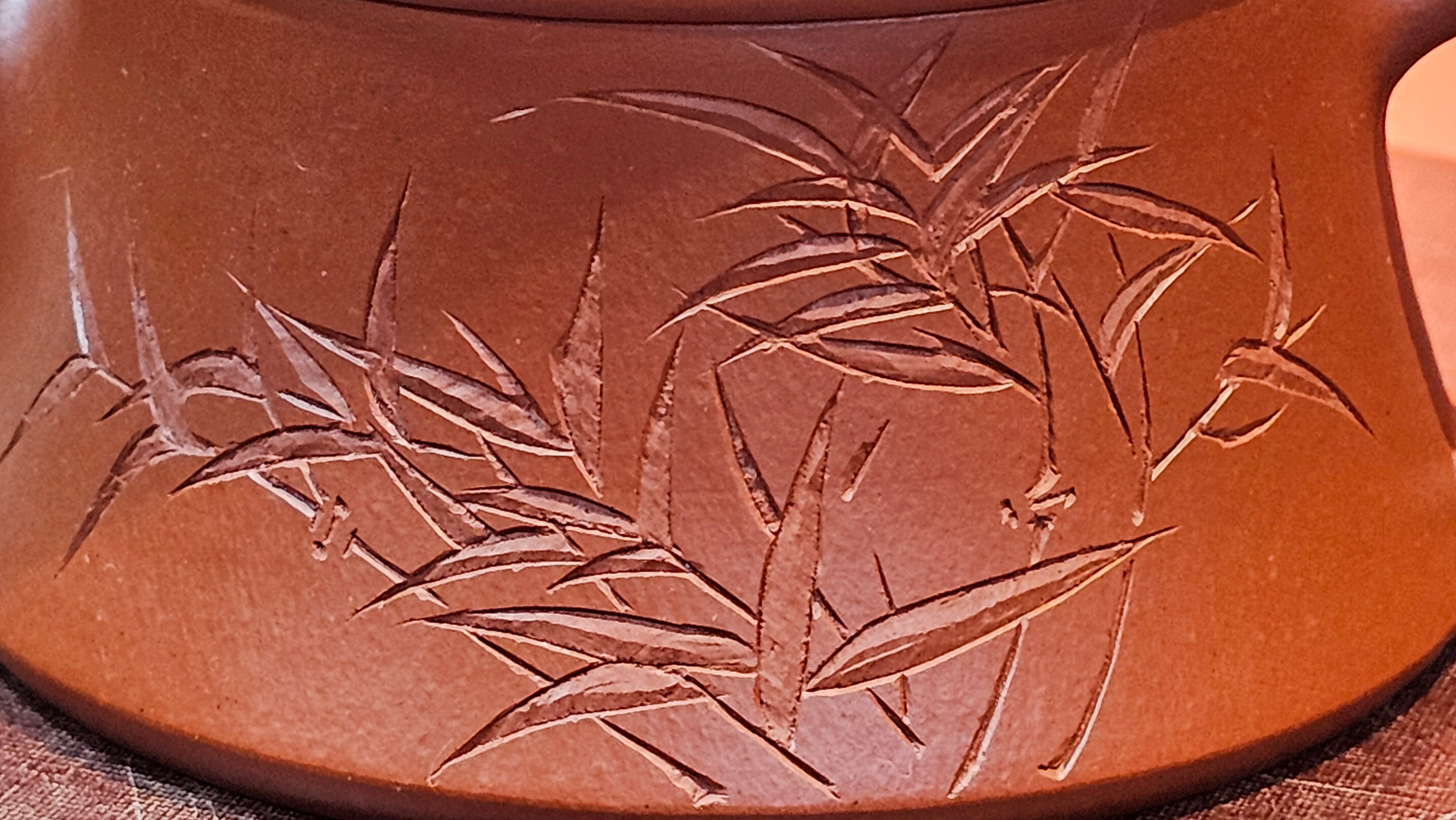 Yun Zhu 云柱 "Pillar of the Heavens", 141.8ml, Xiao Mei Yao Zhu Ni 小煤窑朱泥,  by our Collaborative Craftsman Wang Hui 王慧 ~ "劲竹凌风" and Bamboo Engraving by Craftsman Yi De Shu 一德书 ~ Congratulations to Mr D.!, 1109hrs 16th July 2025, Baldwin Park, CA.