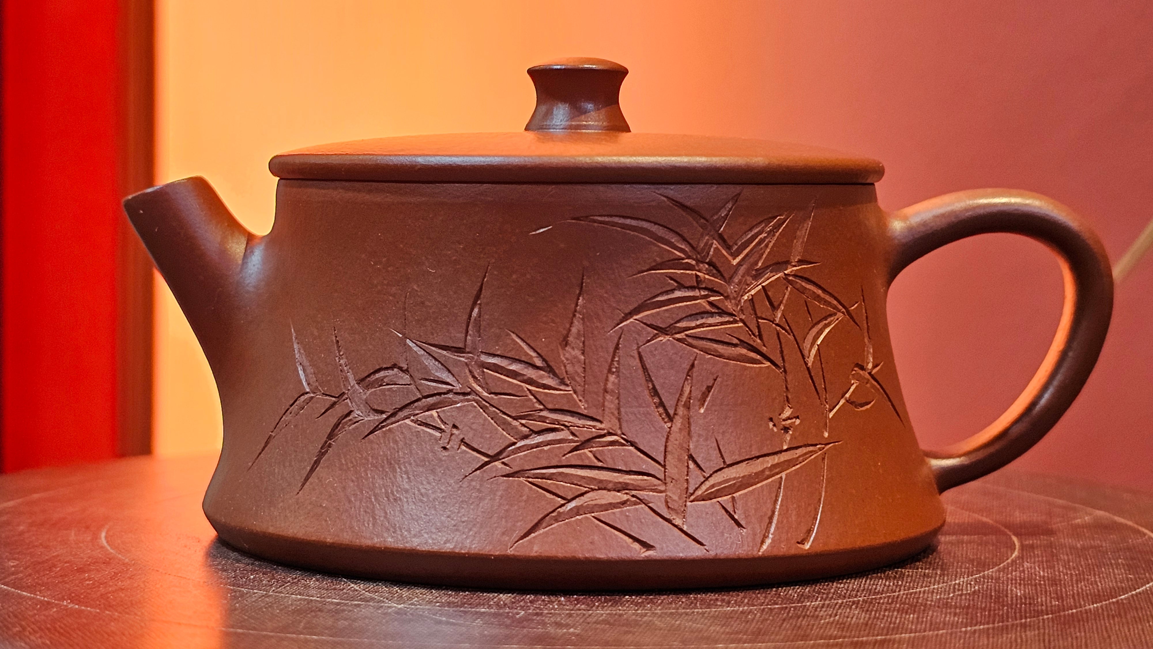 Yun Zhu 云柱 "Pillar of the Heavens", 141.8ml, Xiao Mei Yao Zhu Ni 小煤窑朱泥,  by our Collaborative Craftsman Wang Hui 王慧 ~ "劲竹凌风" and Bamboo Engraving by Craftsman Yi De Shu 一德书 ~ Congratulations to Mr D.!, 1109hrs 16th July 2025, Baldwin Park, CA.