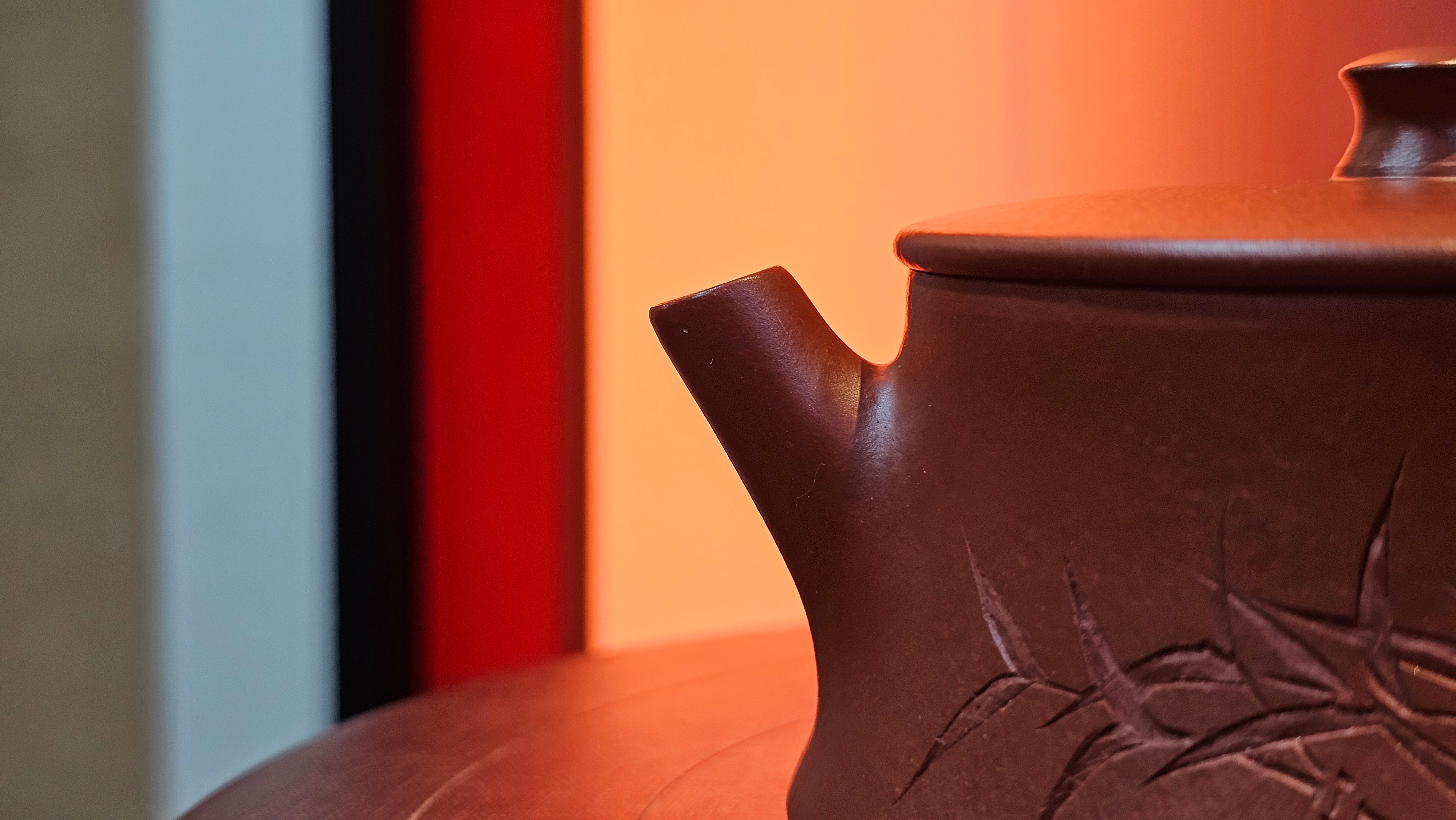 Yun Zhu 云柱 "Pillar of the Heavens", 141.8ml, Xiao Mei Yao Zhu Ni 小煤窑朱泥,  by our Collaborative Craftsman Wang Hui 王慧 ~ "劲竹凌风" and Bamboo Engraving by Craftsman Yi De Shu 一德书 ~ Congratulations to Mr D.!, 1109hrs 16th July 2025, Baldwin Park, CA.