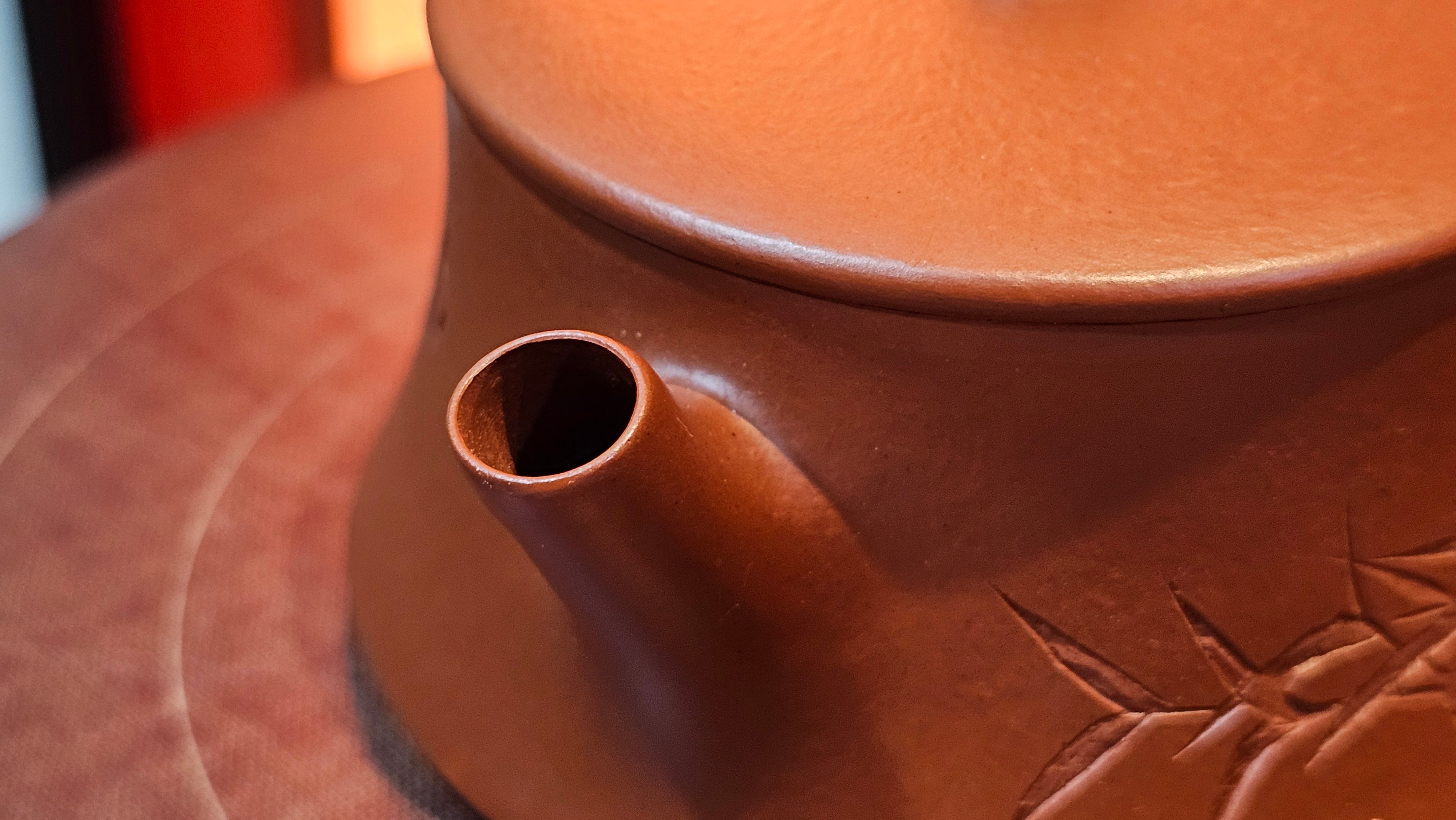 Yun Zhu 云柱 "Pillar of the Heavens", 141.8ml, Xiao Mei Yao Zhu Ni 小煤窑朱泥,  by our Collaborative Craftsman Wang Hui 王慧 ~ "劲竹凌风" and Bamboo Engraving by Craftsman Yi De Shu 一德书 ~ Congratulations to Mr D.!, 1109hrs 16th July 2025, Baldwin Park, CA.