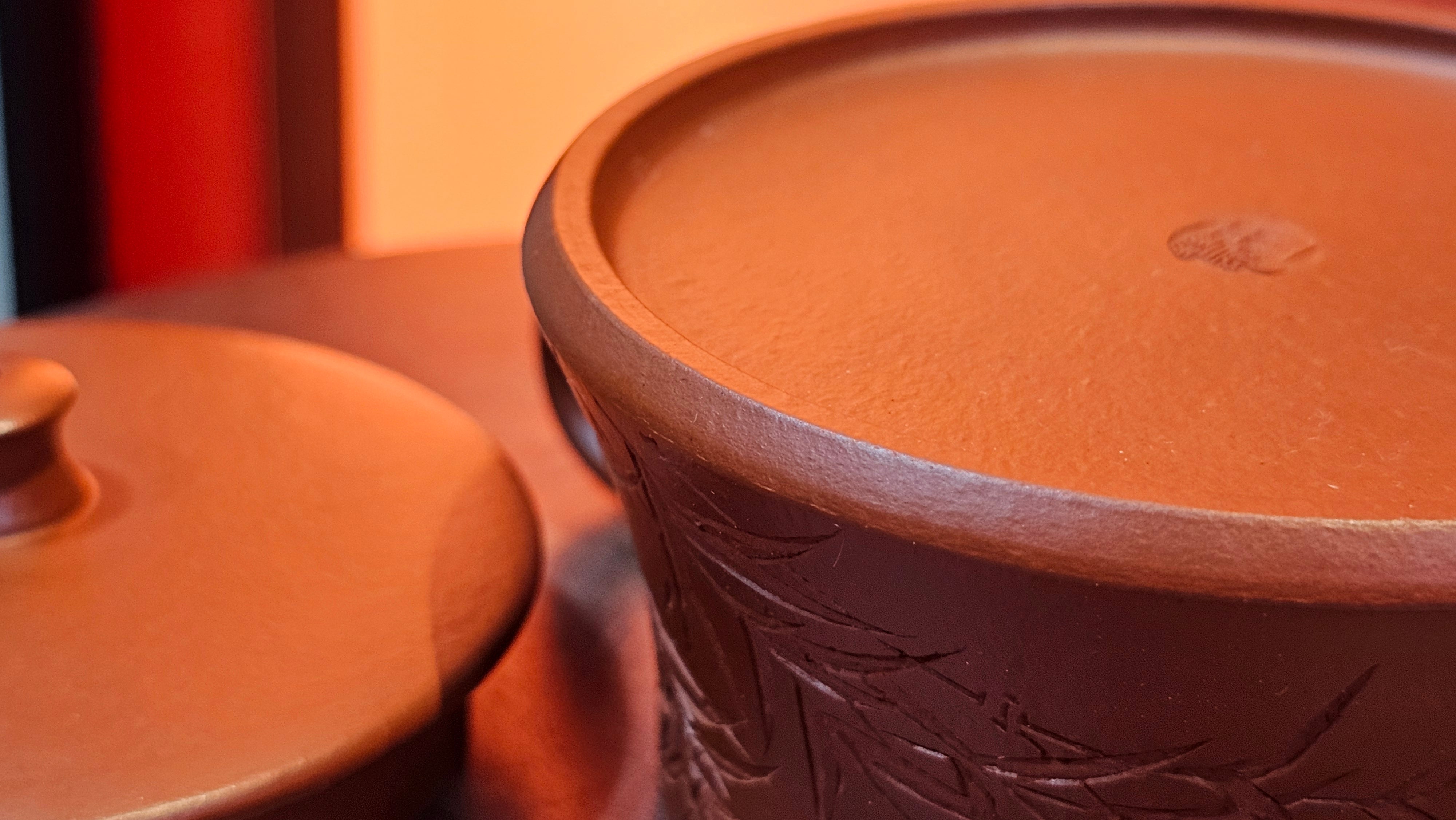 Yun Zhu 云柱 "Pillar of the Heavens", 141.8ml, Xiao Mei Yao Zhu Ni 小煤窑朱泥,  by our Collaborative Craftsman Wang Hui 王慧 ~ "劲竹凌风" and Bamboo Engraving by Craftsman Yi De Shu 一德书 ~ Congratulations to Mr D.!, 1109hrs 16th July 2025, Baldwin Park, CA.