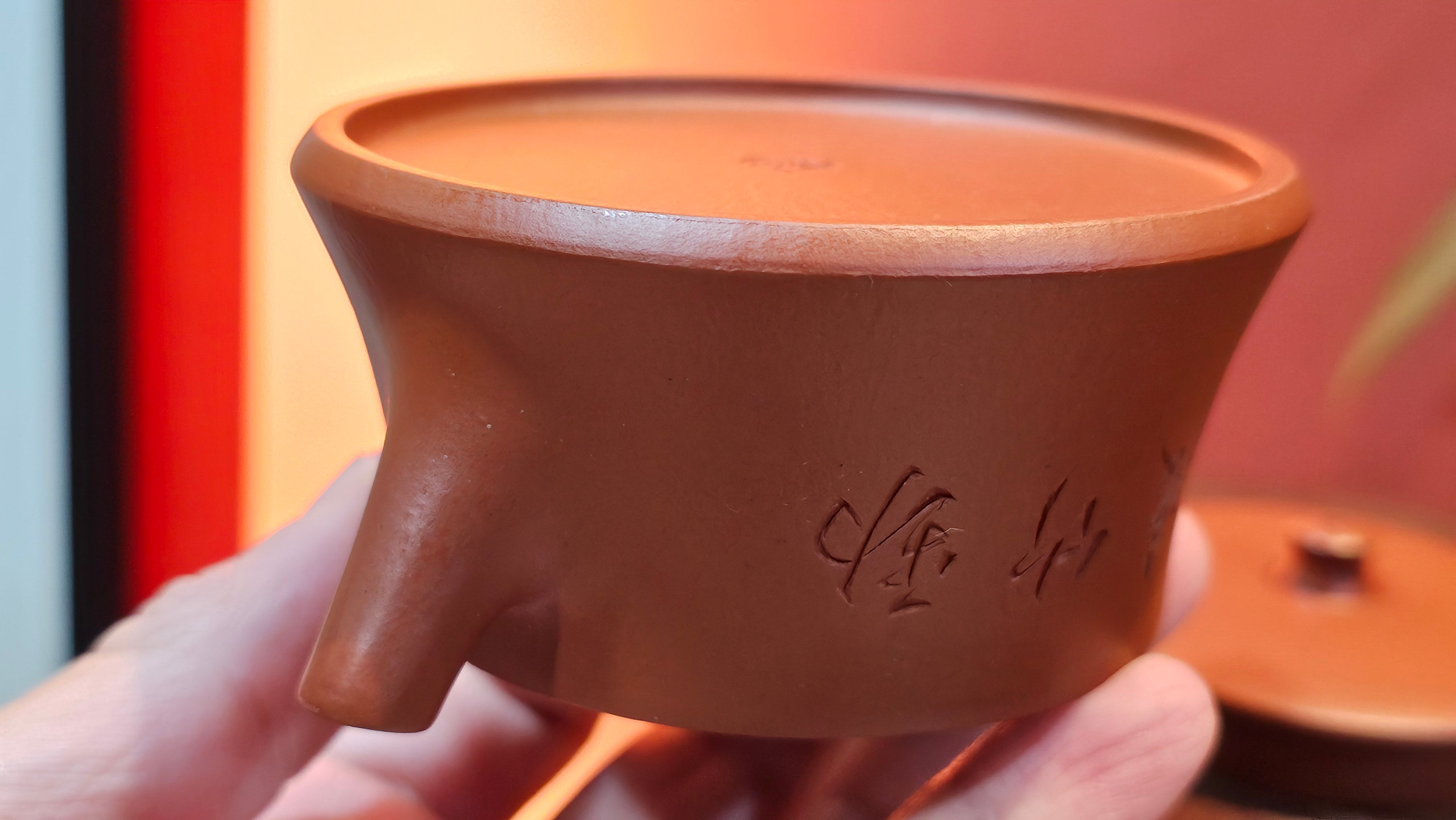 Yun Zhu 云柱 "Pillar of the Heavens", 141.8ml, Xiao Mei Yao Zhu Ni 小煤窑朱泥,  by our Collaborative Craftsman Wang Hui 王慧 ~ "劲竹凌风" and Bamboo Engraving by Craftsman Yi De Shu 一德书 ~ Congratulations to Mr D.!, 1109hrs 16th July 2025, Baldwin Park, CA.