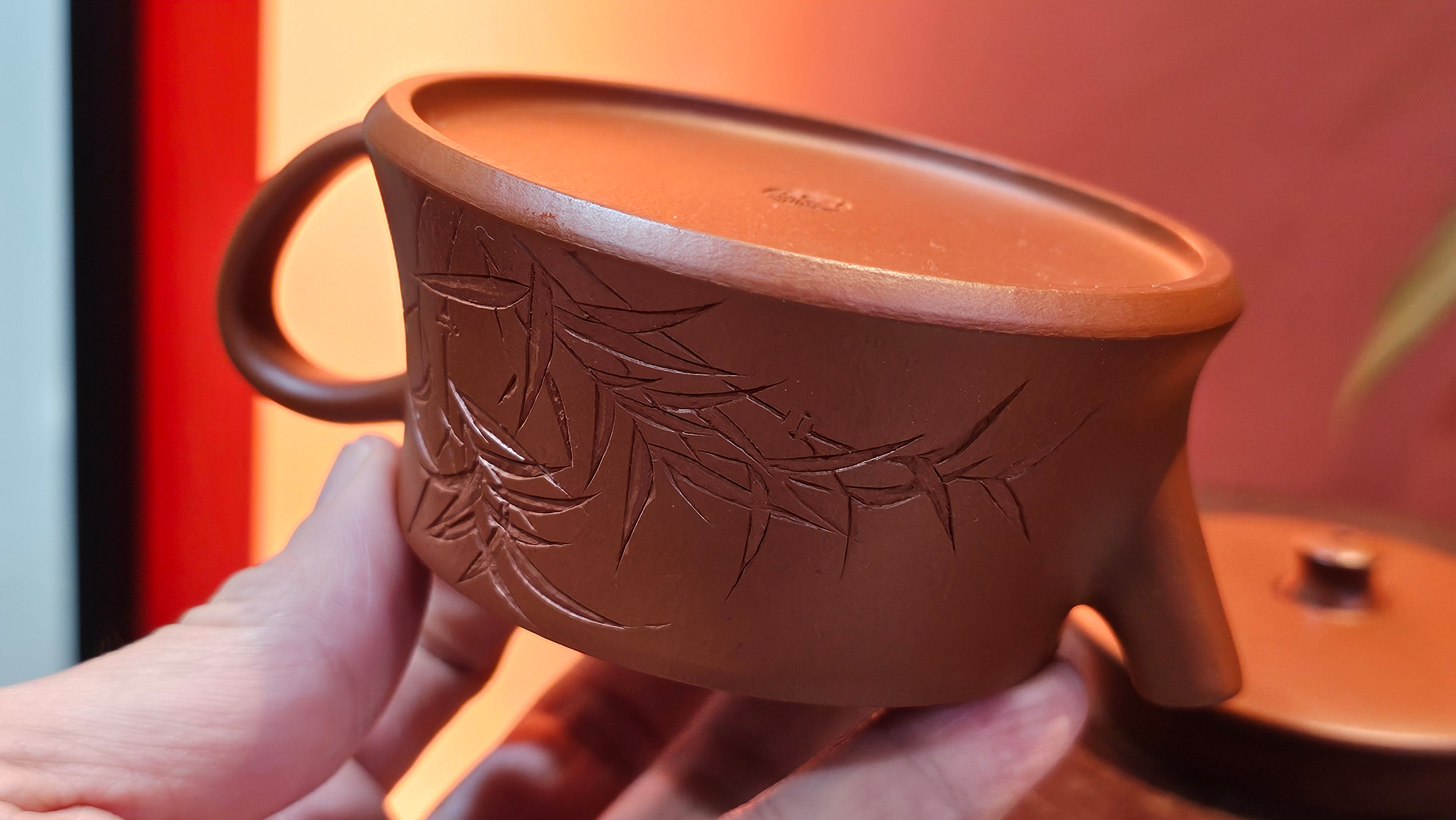 Yun Zhu 云柱 "Pillar of the Heavens", 141.8ml, Xiao Mei Yao Zhu Ni 小煤窑朱泥,  by our Collaborative Craftsman Wang Hui 王慧 ~ "劲竹凌风" and Bamboo Engraving by Craftsman Yi De Shu 一德书 ~ Congratulations to Mr D.!, 1109hrs 16th July 2025, Baldwin Park, CA.