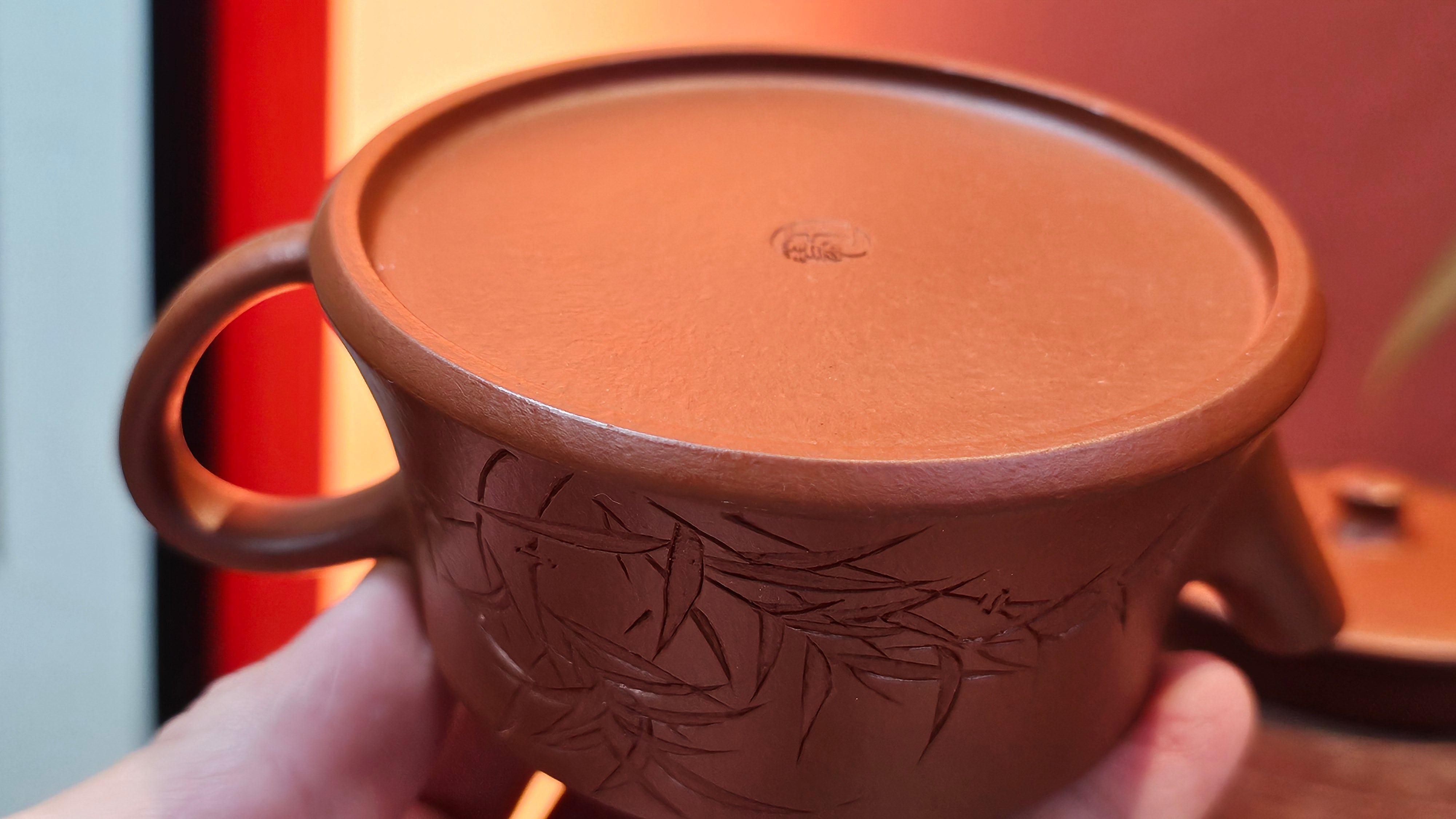 Yun Zhu 云柱 "Pillar of the Heavens", 141.8ml, Xiao Mei Yao Zhu Ni 小煤窑朱泥,  by our Collaborative Craftsman Wang Hui 王慧 ~ "劲竹凌风" and Bamboo Engraving by Craftsman Yi De Shu 一德书 ~ Congratulations to Mr D.!, 1109hrs 16th July 2025, Baldwin Park, CA.