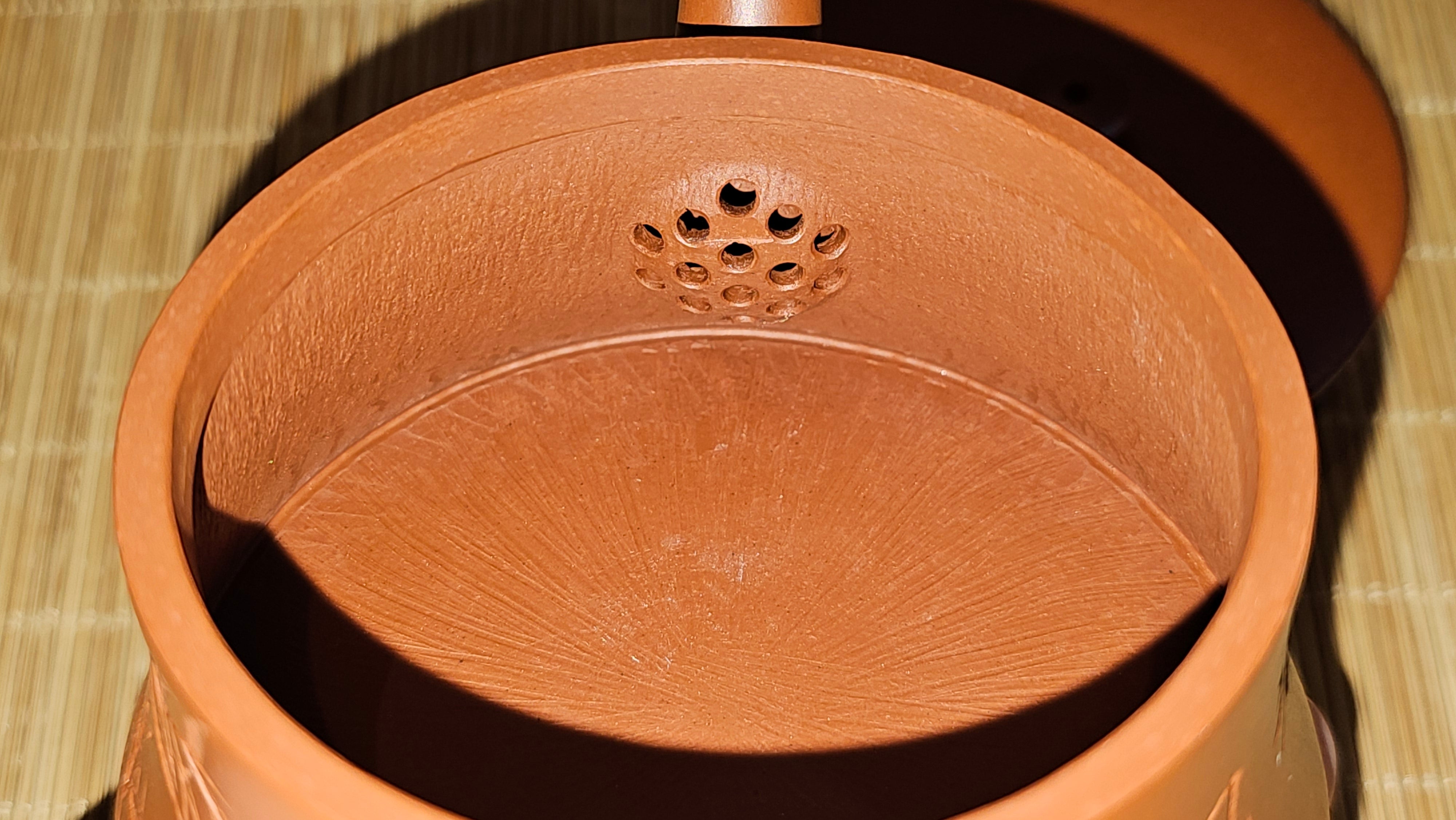 Yun Zhu 云柱 "Pillar of the Heavens", 141.8ml, Xiao Mei Yao Zhu Ni 小煤窑朱泥,  by our Collaborative Craftsman Wang Hui 王慧 ~ "劲竹凌风" and Bamboo Engraving by Craftsman Yi De Shu 一德书 ~ Congratulations to Mr D.!, 1109hrs 16th July 2025, Baldwin Park, CA.