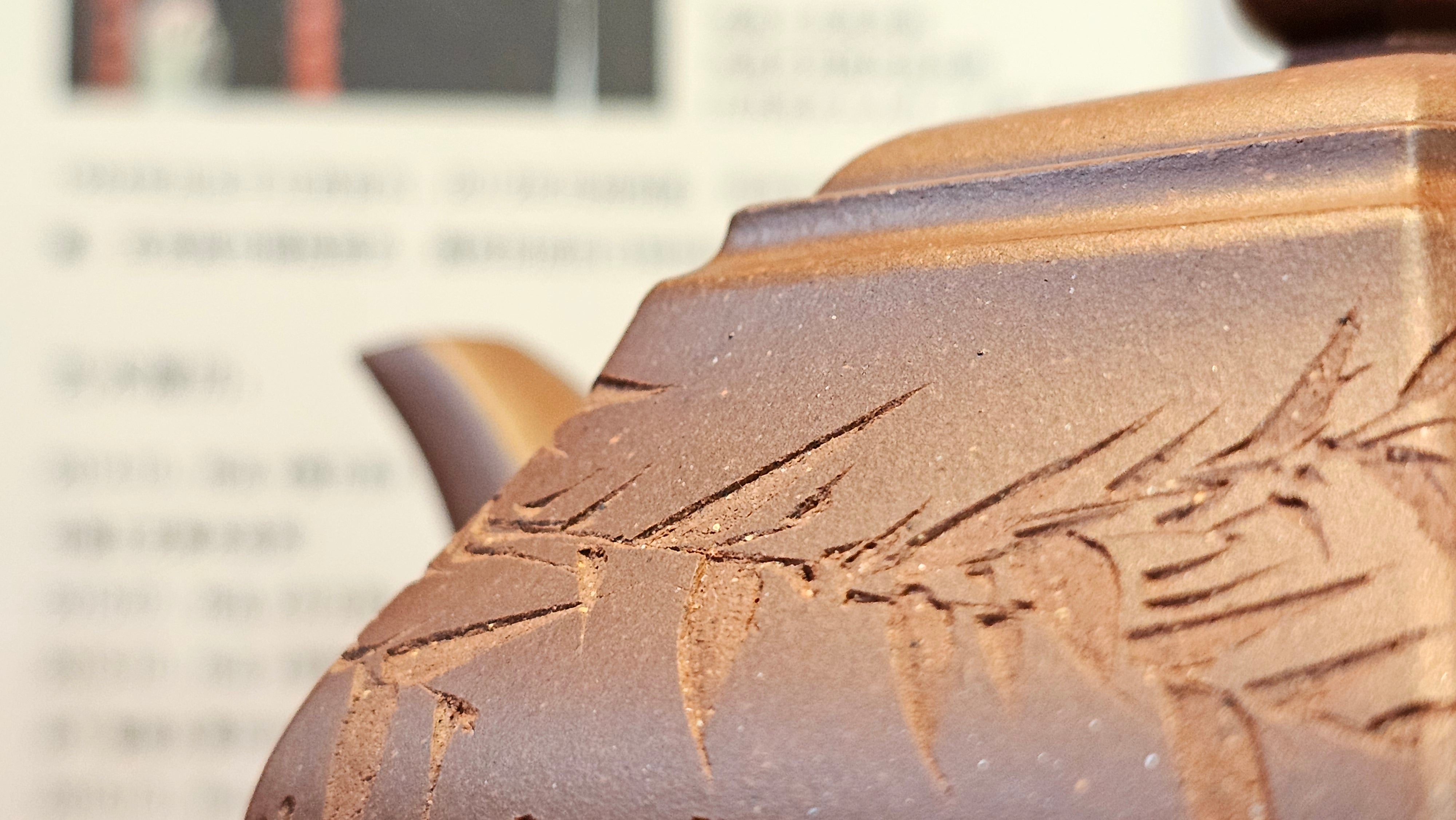 《六方半月》"Liu Fang Ban Yue", 289.3ml, "品茗却在香醇外，此是人生一味禅" and Bamboo engraving, Di Cao Qing Zi Ni 底槽青紫泥, by L2A Senior Consummate Artist Yuan Hui 袁辉 ~ Congratulations to Mr J.G., 0150hrs 20th July 2025! New South Wales, Australia🇦🇺!