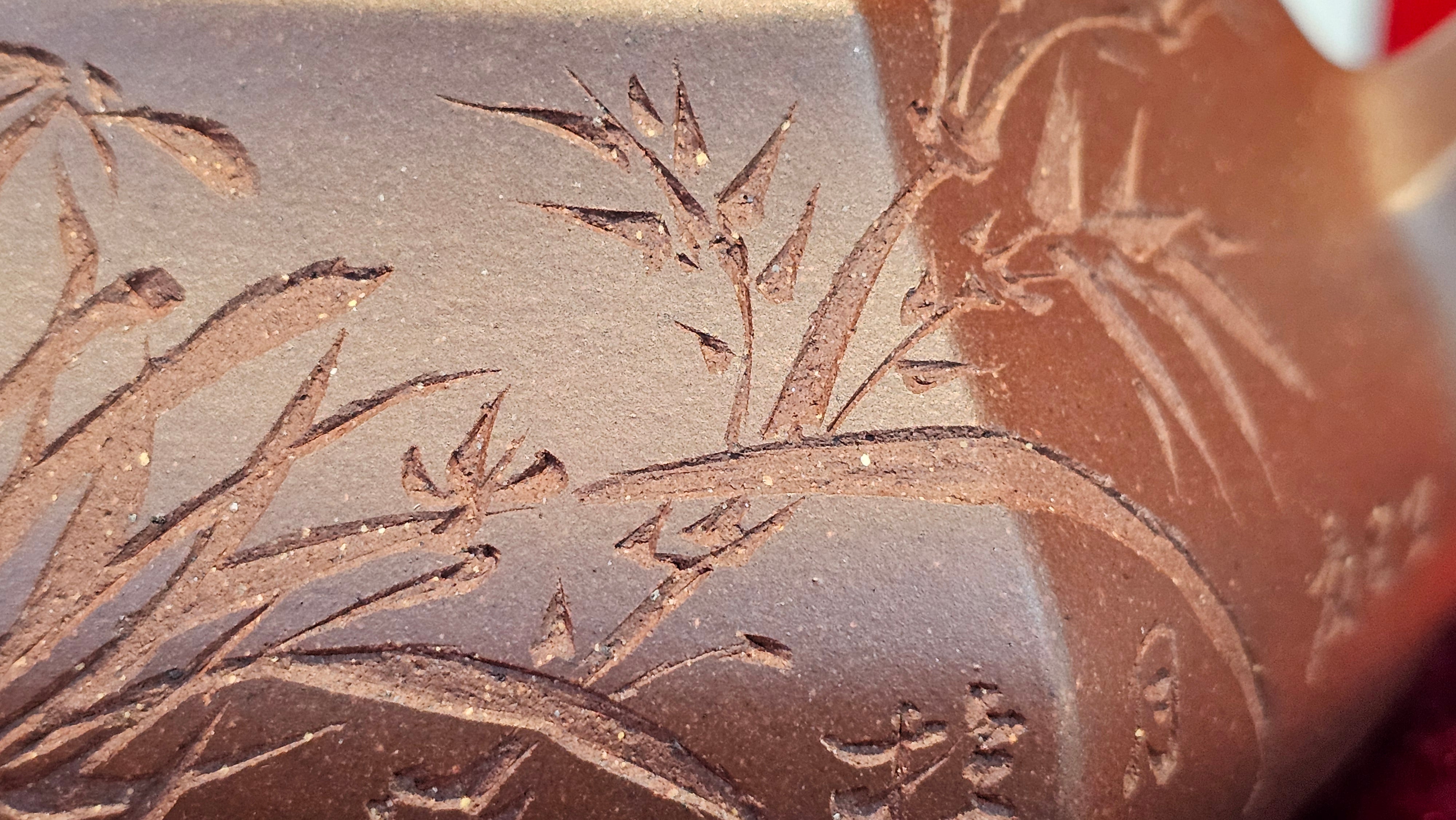 《六方半月》"Liu Fang Ban Yue", 289.3ml, "品茗却在香醇外，此是人生一味禅" and Bamboo engraving, Di Cao Qing Zi Ni 底槽青紫泥, by L2A Senior Consummate Artist Yuan Hui 袁辉 ~ Congratulations to Mr J.G., 0150hrs 20th July 2025! New South Wales, Australia🇦🇺!