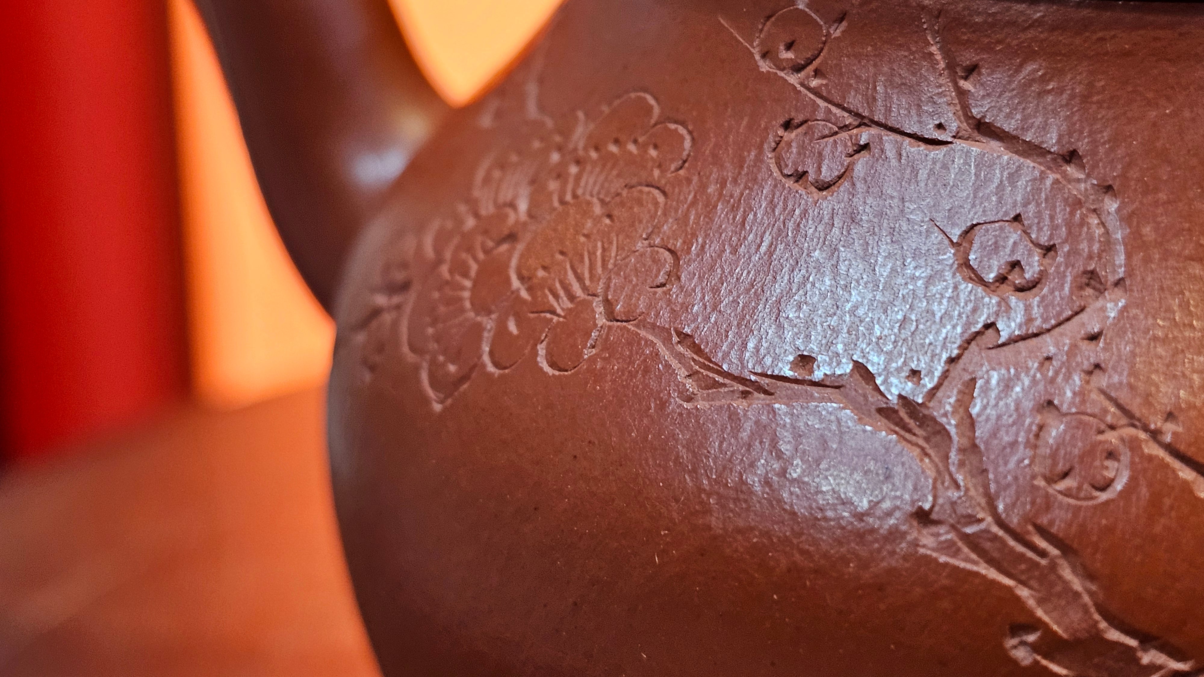 Li Xing 梨形, 177.5ml, Xiao Mei Yao Zhu Ni 小煤窑朱泥 by our Collaborative Craftsman Zhai Yi Yao 翟一耀, 梅花刻绘, Engraving of Plum Blossoms and Calligraphy, by Craftsman Yi De Shu 一德书 ~ Congratulations to!Mr A.K., 1226hrs 4th August 2025, Jabłonna! Poland🇵🇱.