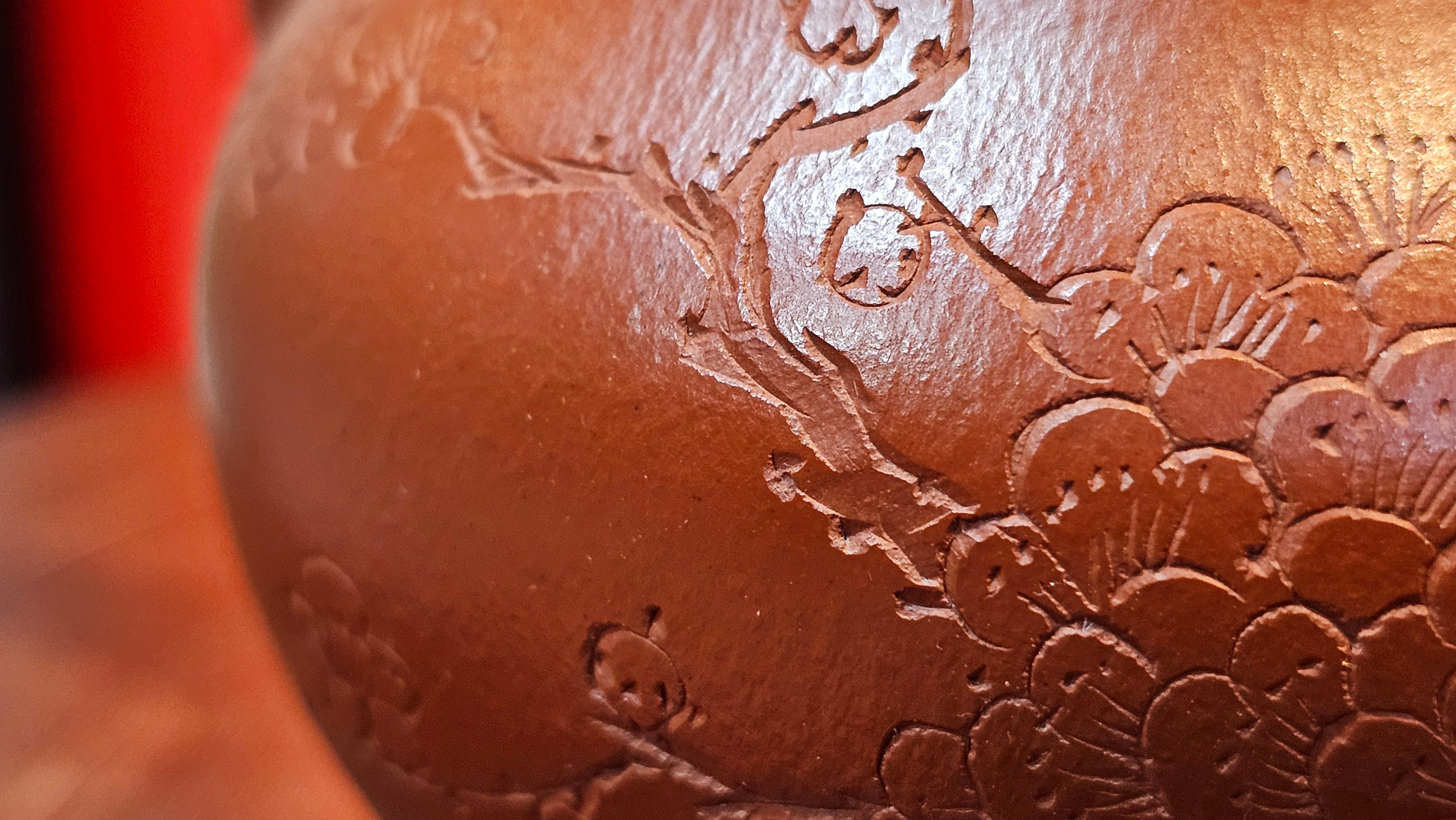 Li Xing 梨形, 177.5ml, Xiao Mei Yao Zhu Ni 小煤窑朱泥 by our Collaborative Craftsman Zhai Yi Yao 翟一耀, 梅花刻绘, Engraving of Plum Blossoms and Calligraphy, by Craftsman Yi De Shu 一德书 ~ Congratulations to!Mr A.K., 1226hrs 4th August 2025, Jabłonna! Poland🇵🇱.