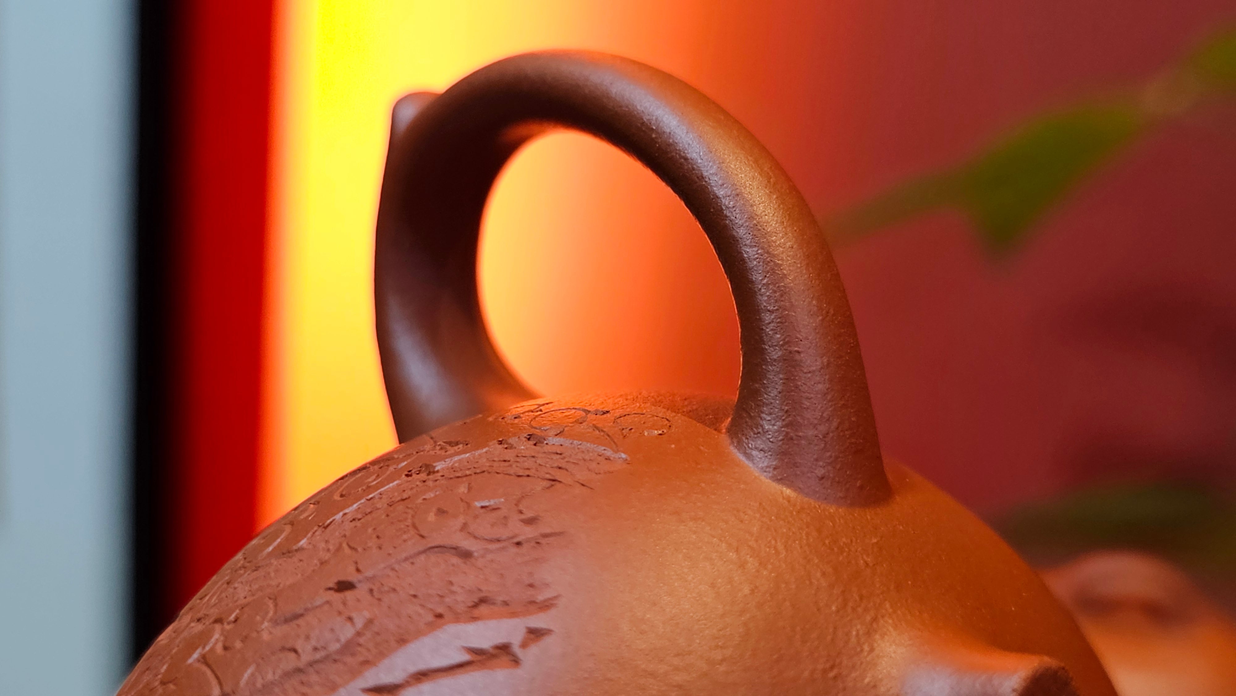 Meng Chen San Zu《孟臣三足》, 189.0ml, Xiao Hong Ni 小红泥, by our Craftsman Zhang Huan 张欢, Plum Blossoms Engraving by Craftsman Pe'eng Pe'eng 芃芃 ~ Congratulations to Prof Y.G.! 1608hrs 2nd August 2025, Long Beach! CA.