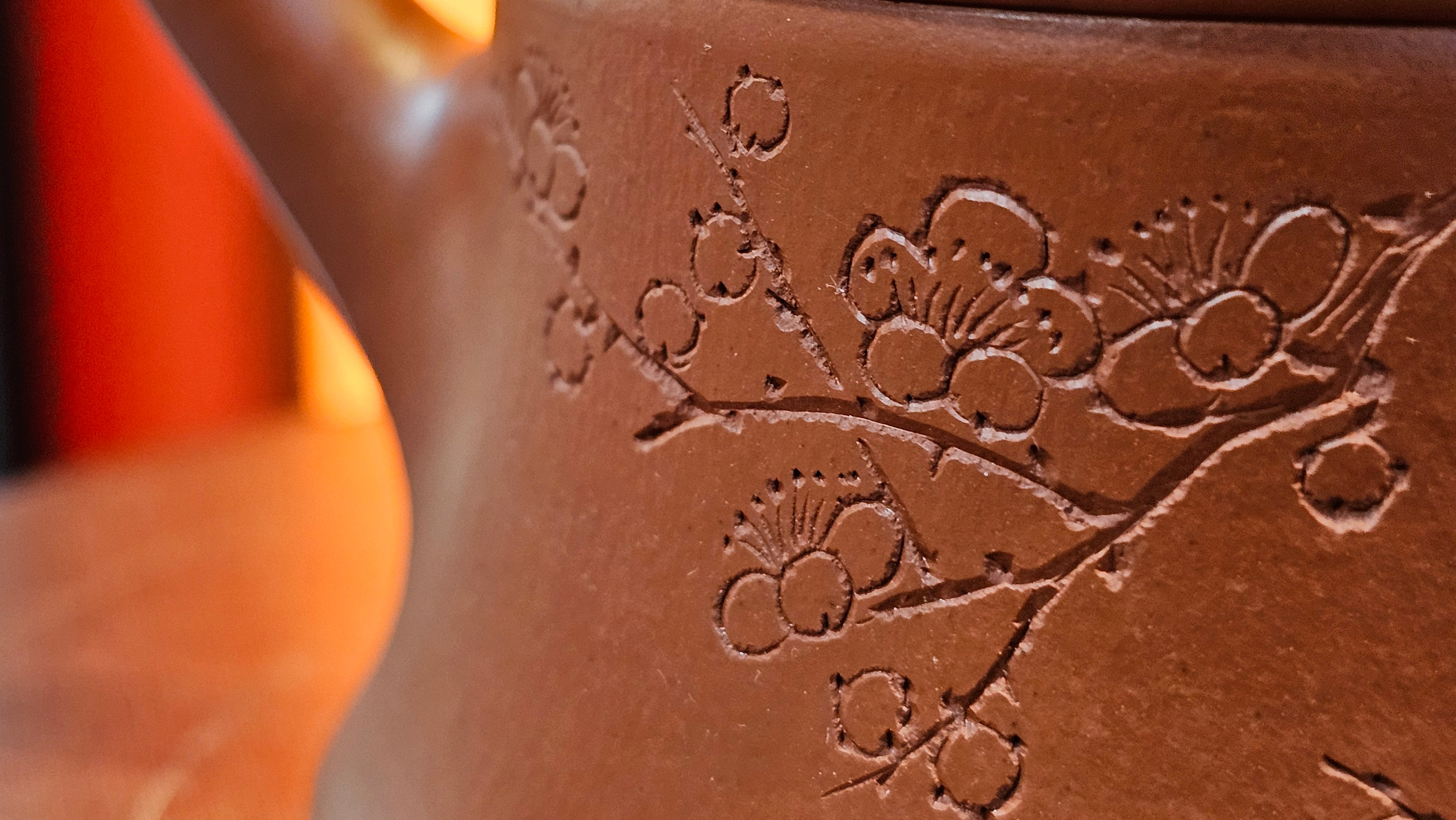 Yun Zhu 云柱 "Pillar of the Heavens", 140.6ml, Xiao Mei Yao Zhu Ni 小煤窑朱泥, by our Collaborative Craftsman Wang Hui 王慧 ~ "梅开五福" and Plum Blossoms Engraving by Craftsman Yi De Shu 一德书 ~ Congratulations to Mr M.S.! 1646hrs 6th August 2025, Southbury, CT!