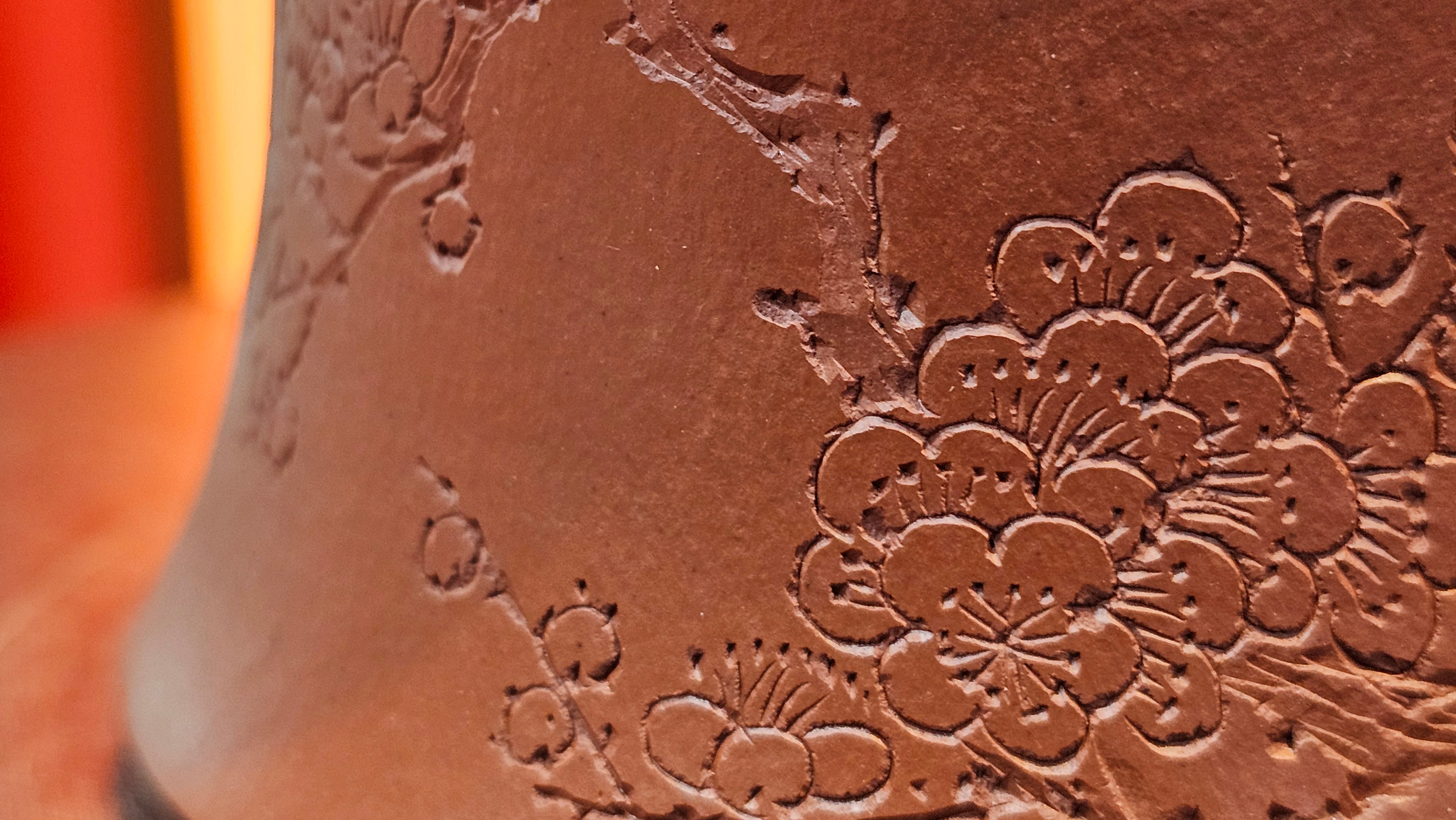 Yun Zhu 云柱 "Pillar of the Heavens", 140.6ml, Xiao Mei Yao Zhu Ni 小煤窑朱泥, by our Collaborative Craftsman Wang Hui 王慧 ~ "梅开五福" and Plum Blossoms Engraving by Craftsman Yi De Shu 一德书 ~ Congratulations to Mr M.S.! 1646hrs 6th August 2025, Southbury, CT!