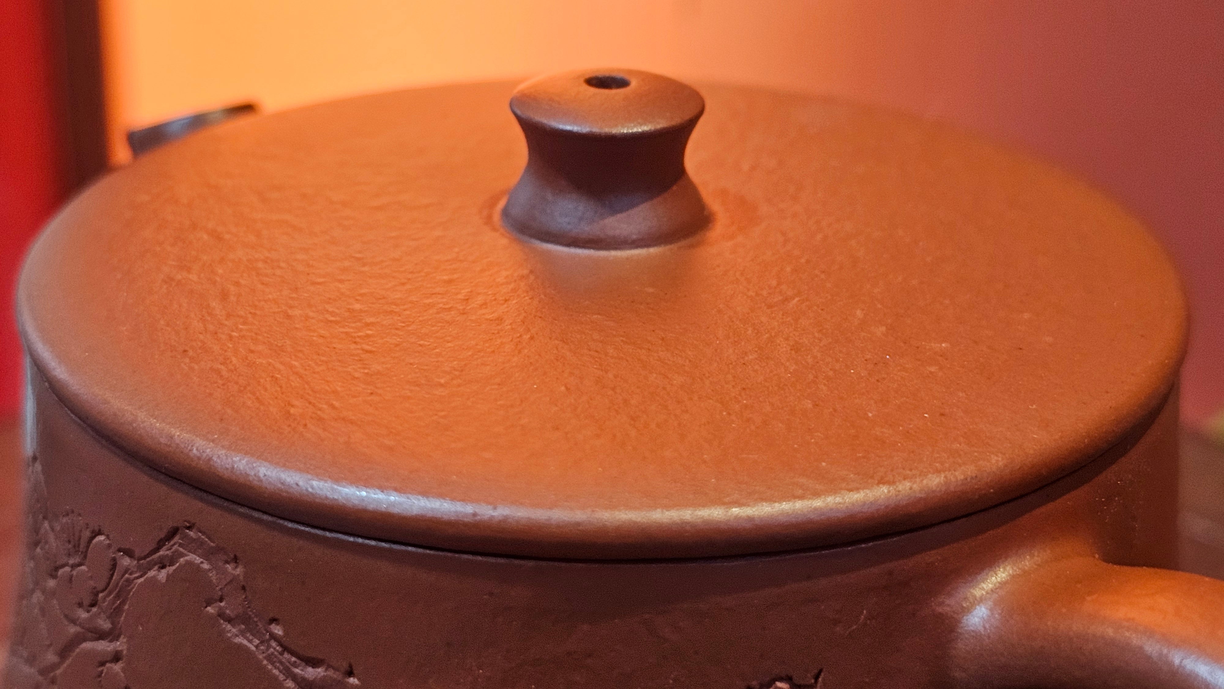 Yun Zhu 云柱 "Pillar of the Heavens", 140.6ml, Xiao Mei Yao Zhu Ni 小煤窑朱泥, by our Collaborative Craftsman Wang Hui 王慧 ~ "梅开五福" and Plum Blossoms Engraving by Craftsman Yi De Shu 一德书 ~ Congratulations to Mr M.S.! 1646hrs 6th August 2025, Southbury, CT!