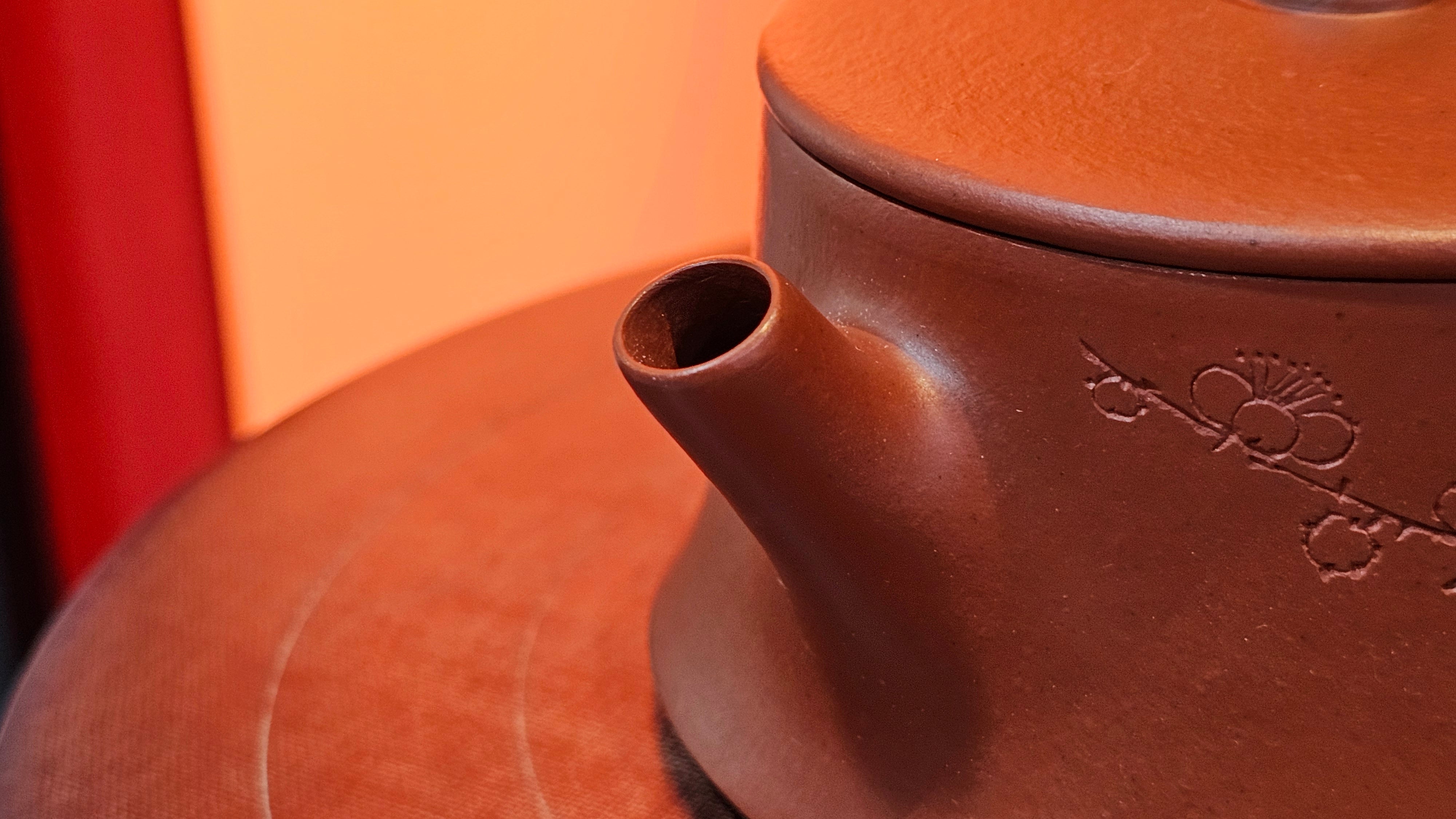 Yun Zhu 云柱 "Pillar of the Heavens", 140.6ml, Xiao Mei Yao Zhu Ni 小煤窑朱泥, by our Collaborative Craftsman Wang Hui 王慧 ~ "梅开五福" and Plum Blossoms Engraving by Craftsman Yi De Shu 一德书 ~ Congratulations to Mr M.S.! 1646hrs 6th August 2025, Southbury, CT!