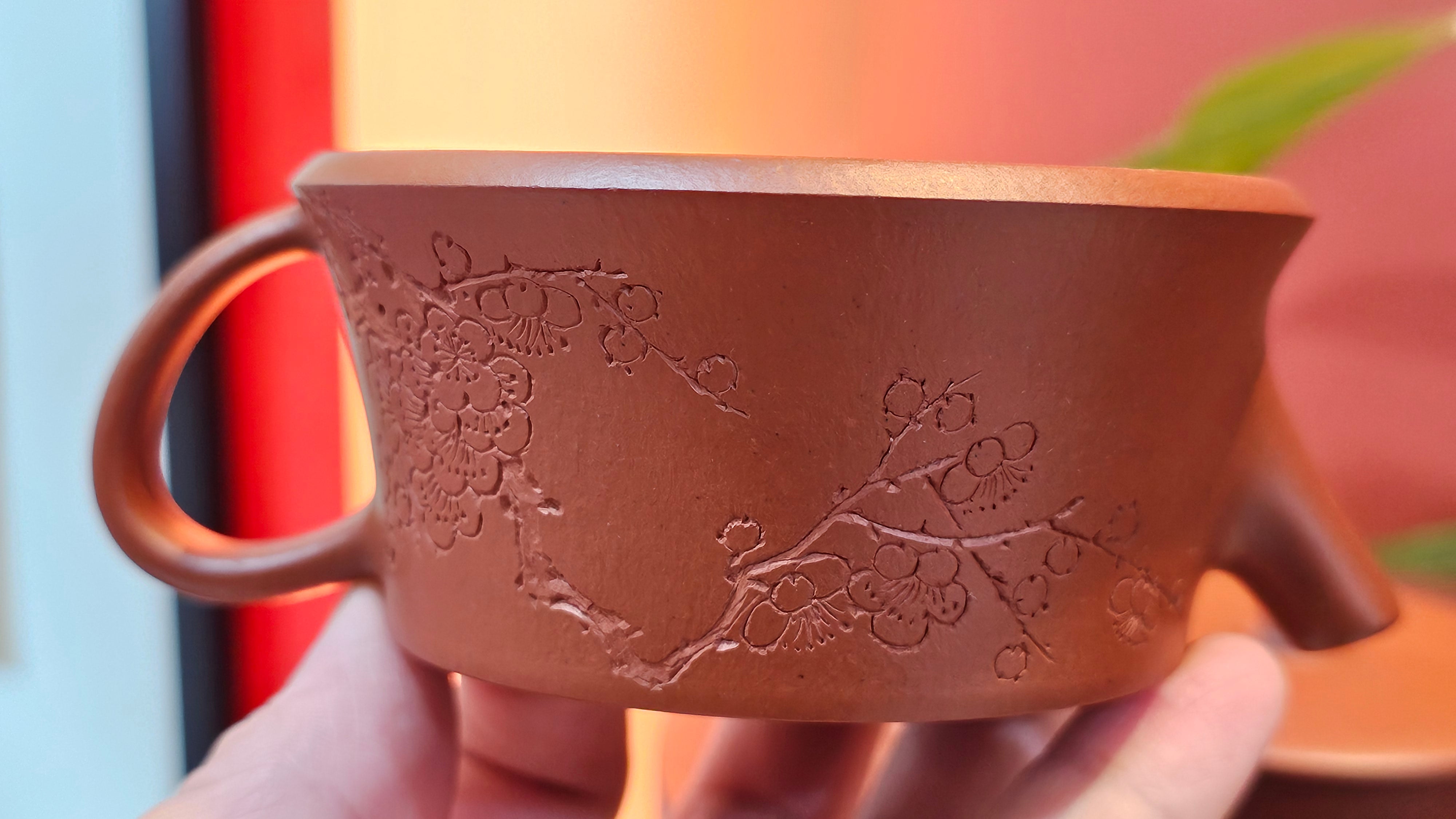 Yun Zhu 云柱 "Pillar of the Heavens", 140.6ml, Xiao Mei Yao Zhu Ni 小煤窑朱泥, by our Collaborative Craftsman Wang Hui 王慧 ~ "梅开五福" and Plum Blossoms Engraving by Craftsman Yi De Shu 一德书 ~ Congratulations to Mr M.S.! 1646hrs 6th August 2025, Southbury, CT!