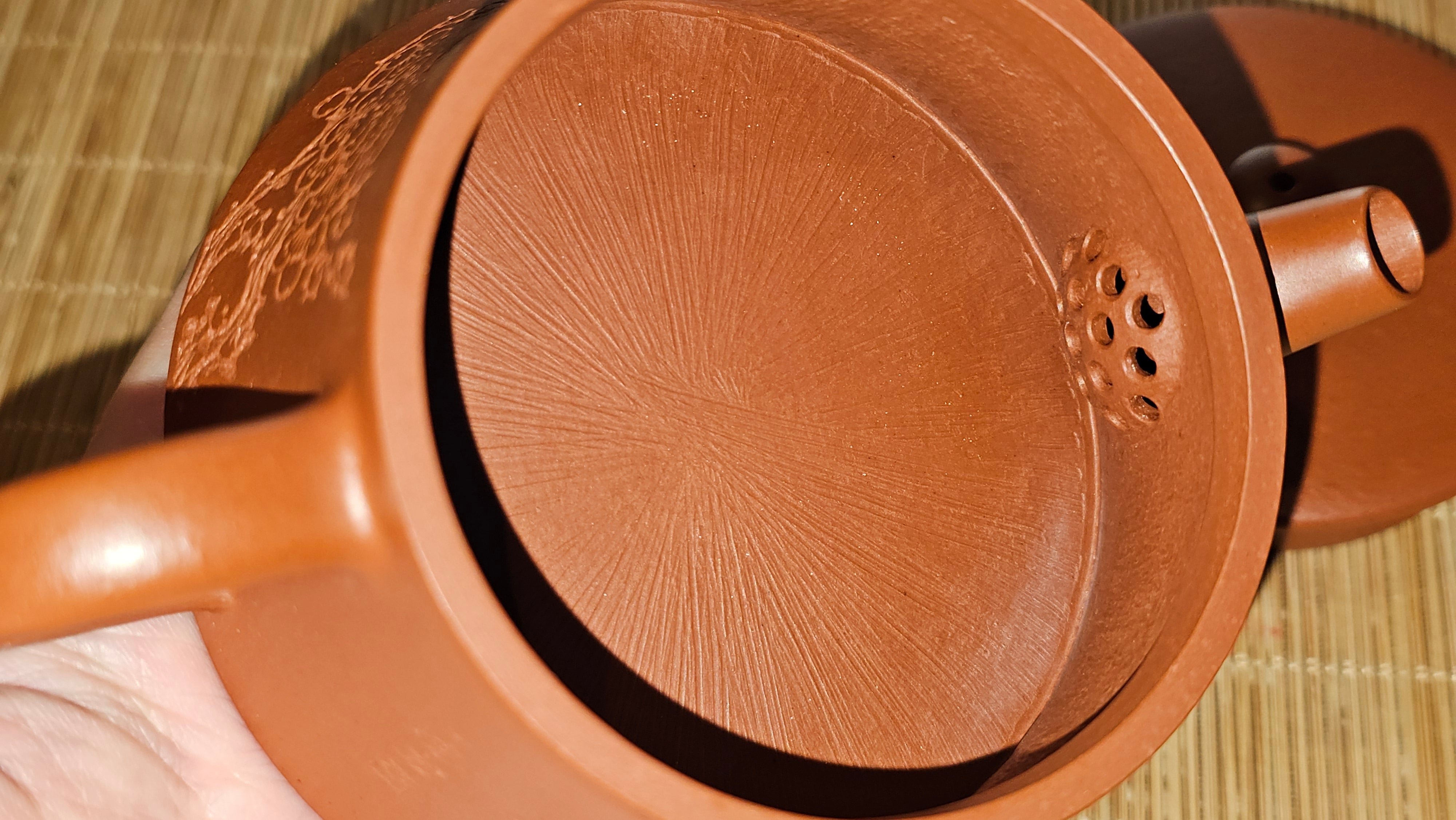 Yun Zhu 云柱 "Pillar of the Heavens", 140.6ml, Xiao Mei Yao Zhu Ni 小煤窑朱泥, by our Collaborative Craftsman Wang Hui 王慧 ~ "梅开五福" and Plum Blossoms Engraving by Craftsman Yi De Shu 一德书 ~ Congratulations to Mr M.S.! 1646hrs 6th August 2025, Southbury, CT!