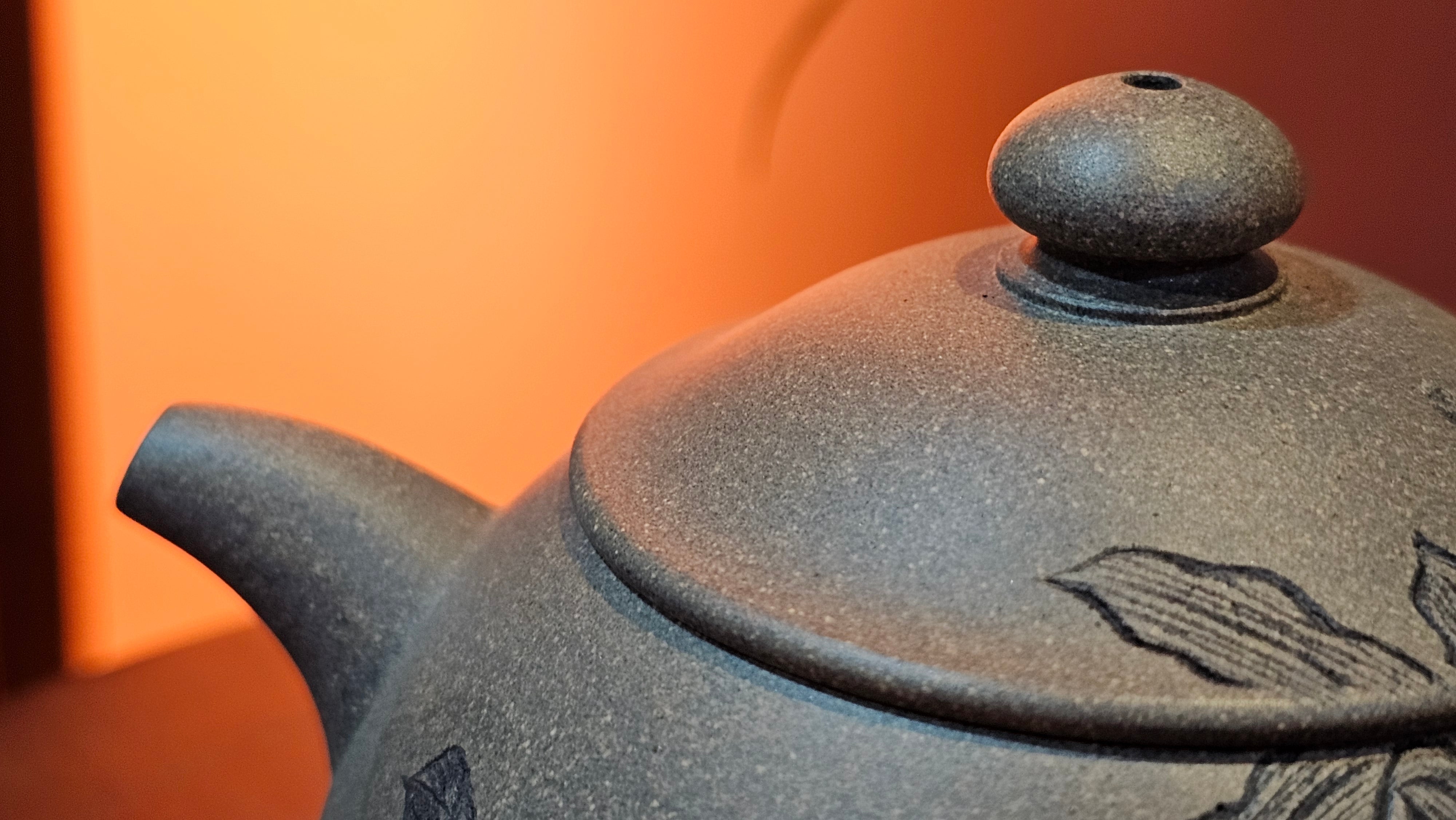 Ban Yue Hu《半月壶》~ "Half Moon Pot", 140.8ml, Qing Hui Duan 青灰段泥, by our Craftsman Zhang Huan 张欢, "Qing Gong Tu" 清供图 Engraving by Craftsman Nan Shan Lao Ren 南山老人 ~ Congratulations to Ms M.L.! 0831hrs 10th August 2025! Phoenix, AZ!