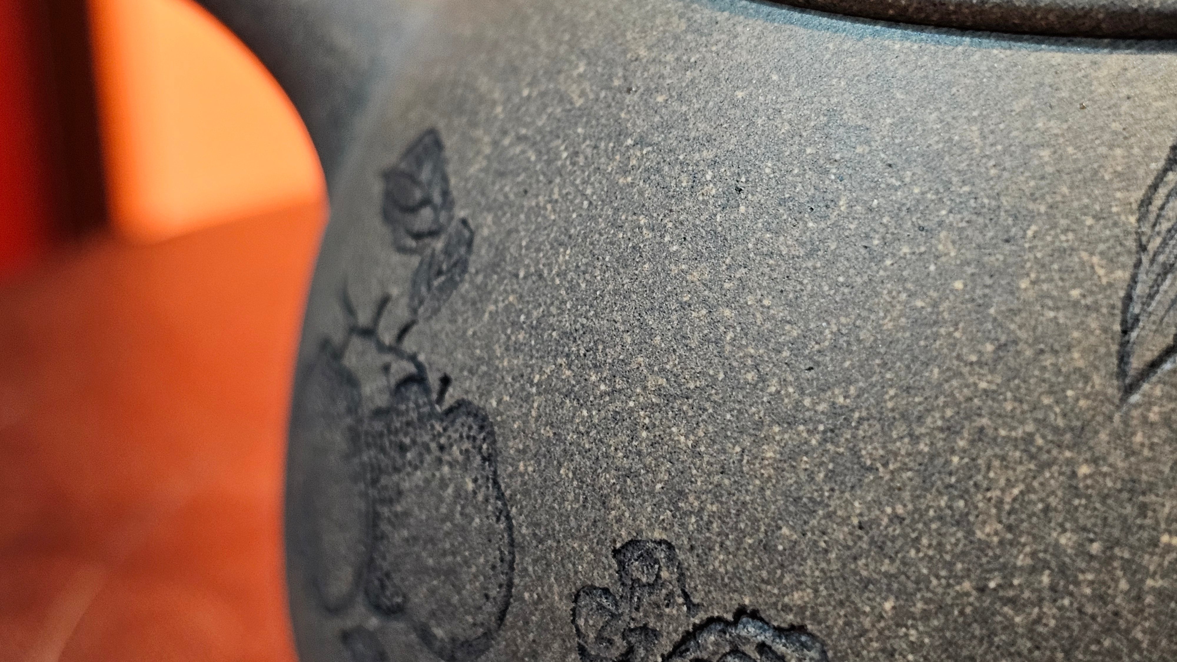 Ban Yue Hu《半月壶》~ "Half Moon Pot", 140.8ml, Qing Hui Duan 青灰段泥, by our Craftsman Zhang Huan 张欢, "Qing Gong Tu" 清供图 Engraving by Craftsman Nan Shan Lao Ren 南山老人 ~ Congratulations to Ms M.L.! 0831hrs 10th August 2025! Phoenix, AZ!