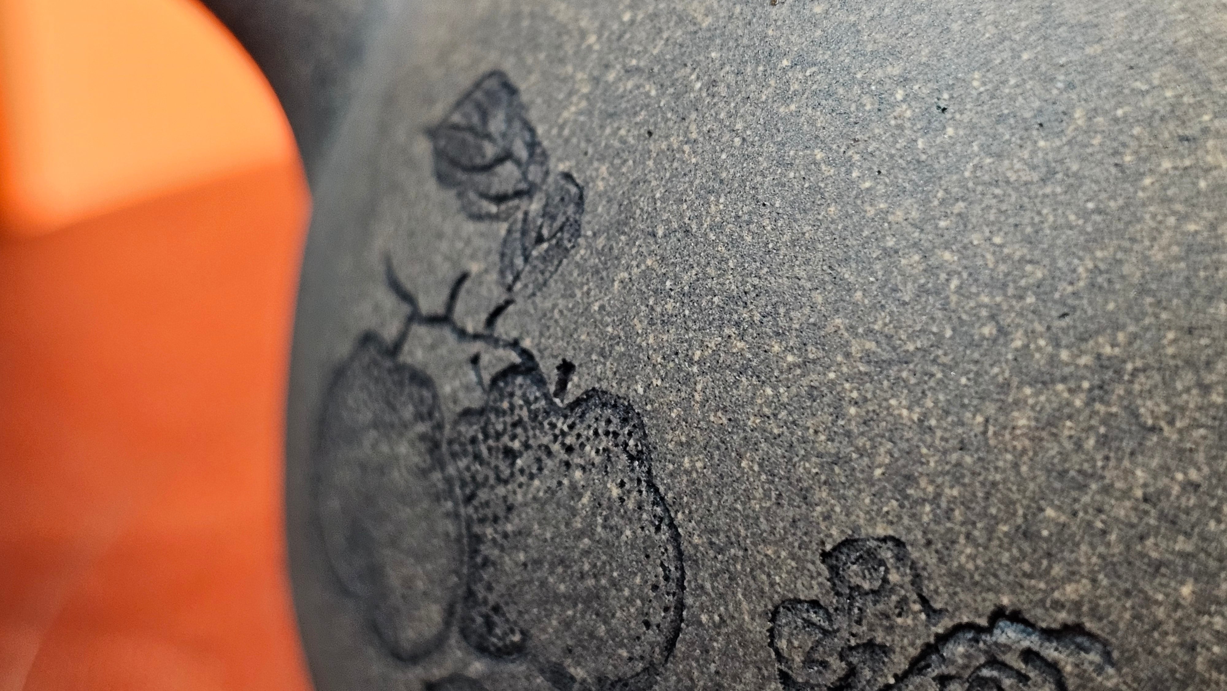 Ban Yue Hu《半月壶》~ "Half Moon Pot", 140.8ml, Qing Hui Duan 青灰段泥, by our Craftsman Zhang Huan 张欢, "Qing Gong Tu" 清供图 Engraving by Craftsman Nan Shan Lao Ren 南山老人 ~ Congratulations to Ms M.L.! 0831hrs 10th August 2025! Phoenix, AZ!