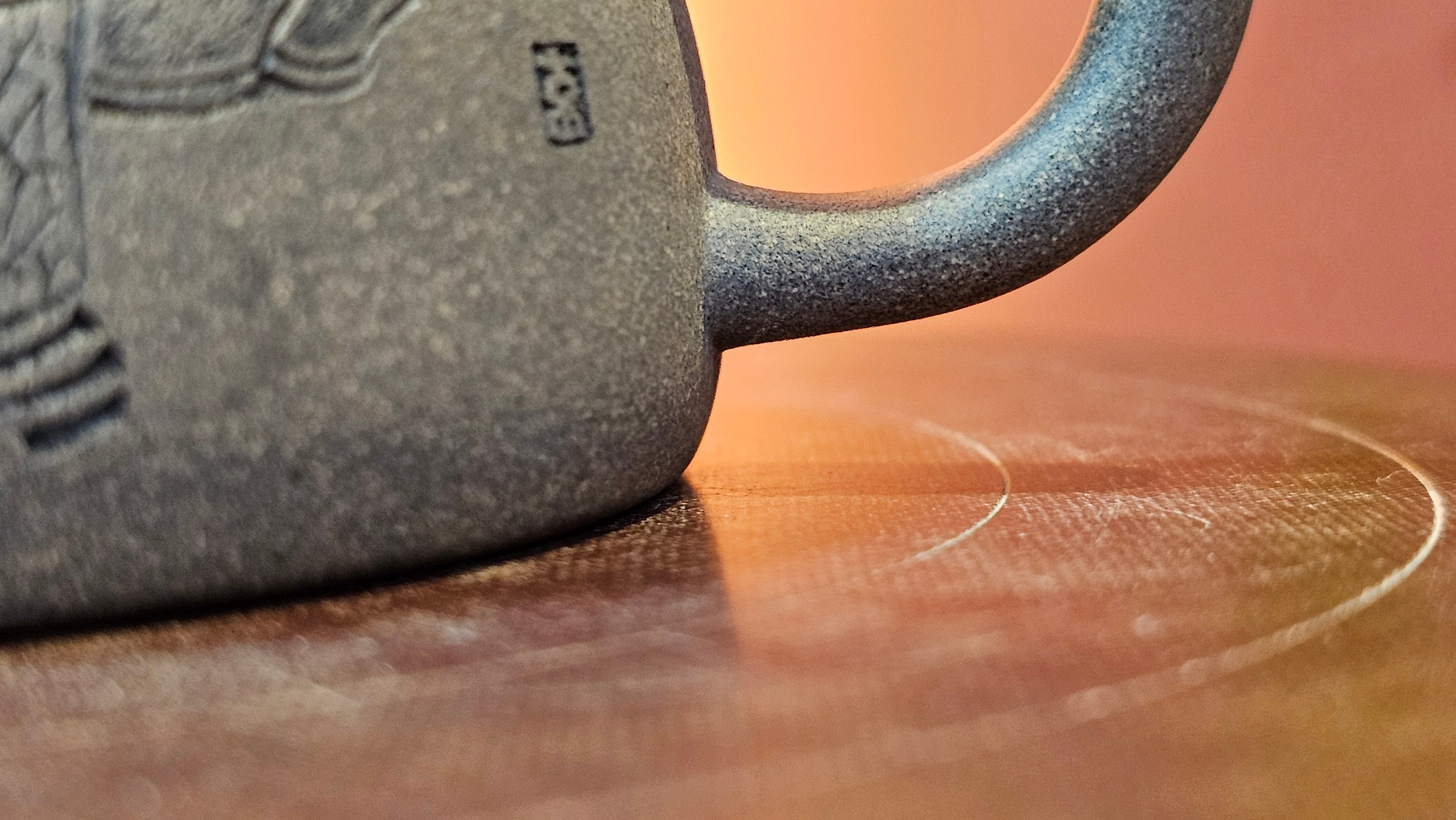 Ban Yue Hu《半月壶》~ "Half Moon Pot", 140.8ml, Qing Hui Duan 青灰段泥, by our Craftsman Zhang Huan 张欢, "Qing Gong Tu" 清供图 Engraving by Craftsman Nan Shan Lao Ren 南山老人 ~ Congratulations to Ms M.L.! 0831hrs 10th August 2025! Phoenix, AZ!