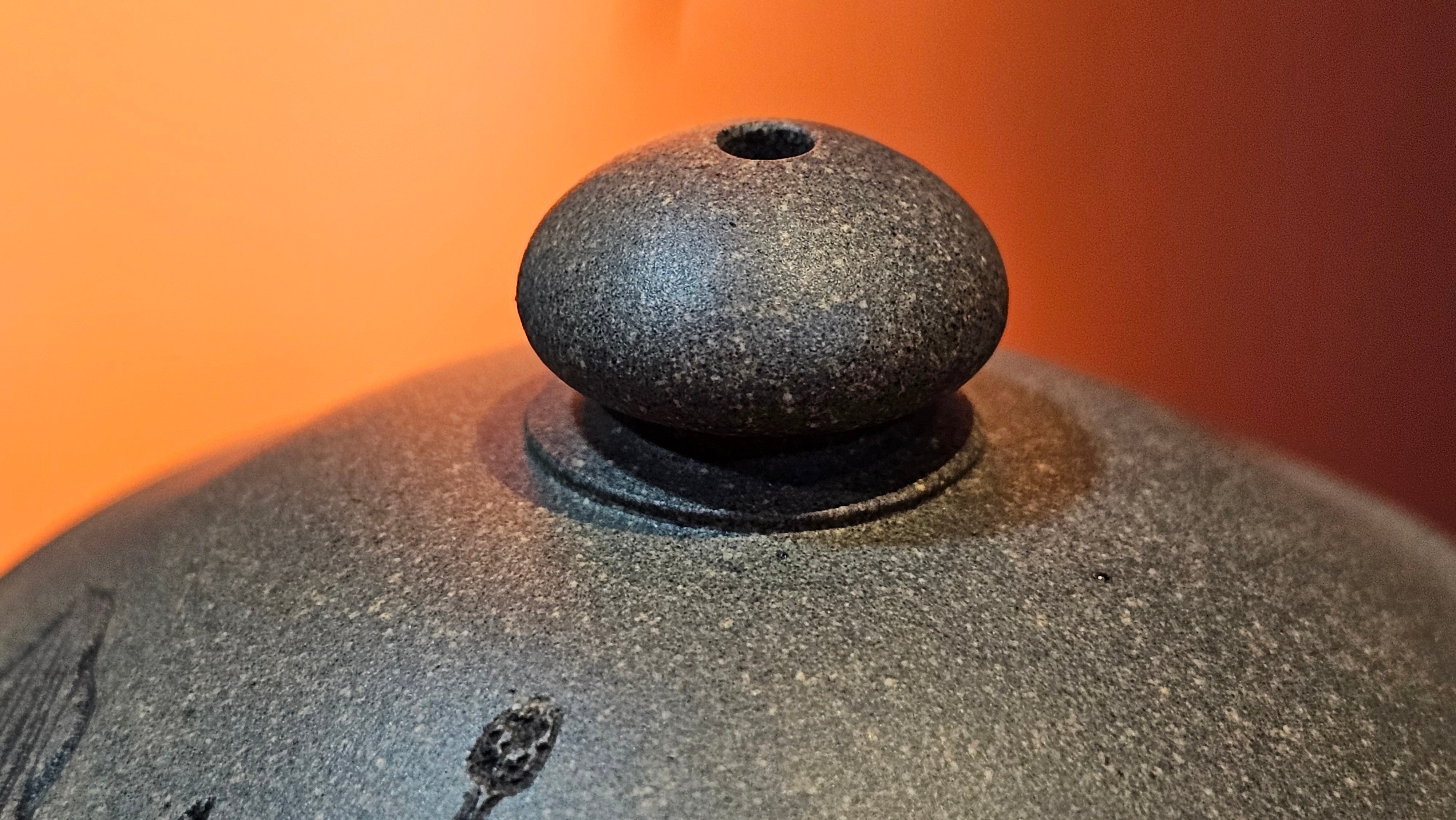 Ban Yue Hu《半月壶》~ "Half Moon Pot", 140.8ml, Qing Hui Duan 青灰段泥, by our Craftsman Zhang Huan 张欢, "Qing Gong Tu" 清供图 Engraving by Craftsman Nan Shan Lao Ren 南山老人 ~ Congratulations to Ms M.L.! 0831hrs 10th August 2025! Phoenix, AZ!