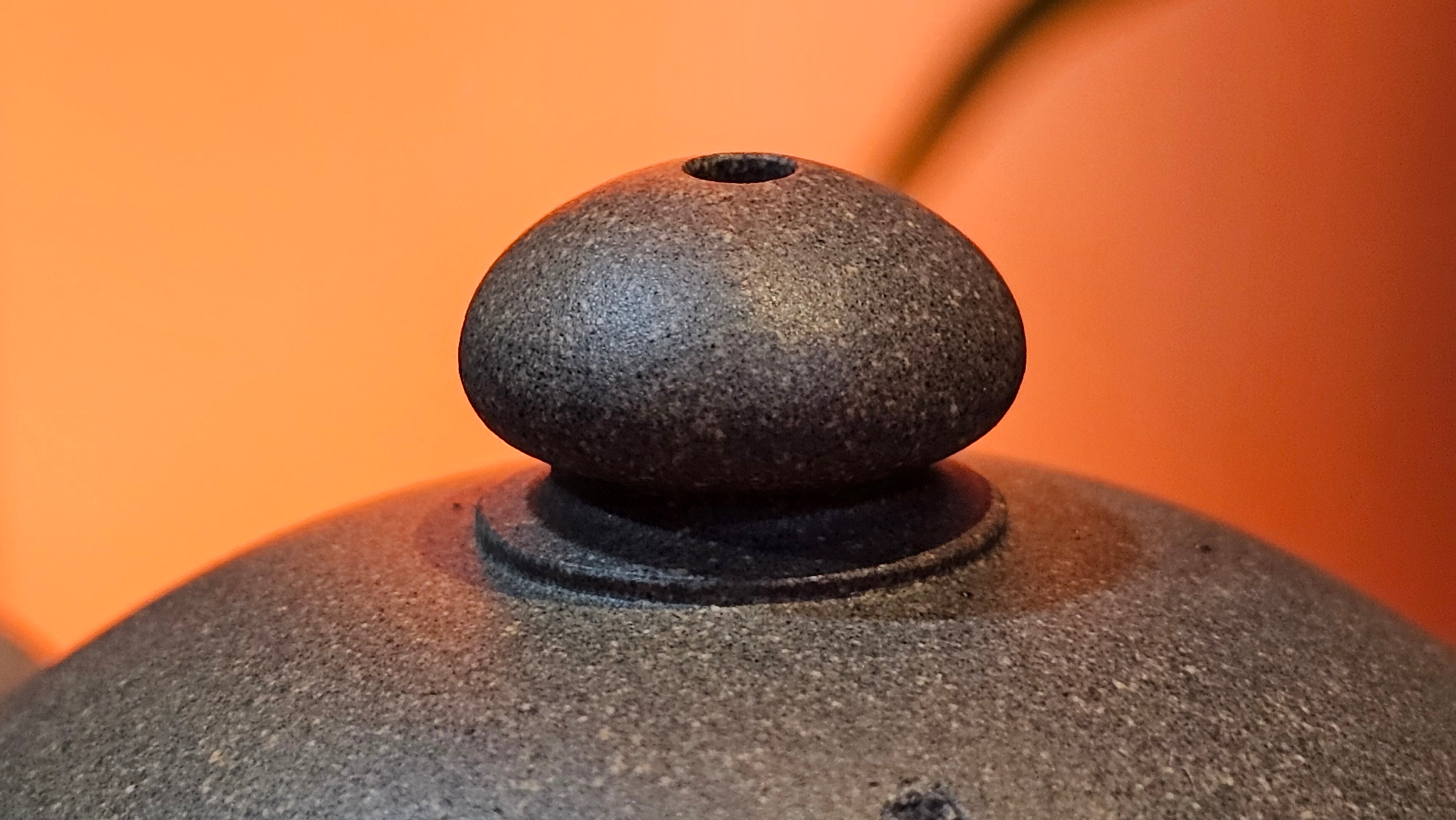 Ban Yue Hu《半月壶》~ "Half Moon Pot", 140.8ml, Qing Hui Duan 青灰段泥, by our Craftsman Zhang Huan 张欢, "Qing Gong Tu" 清供图 Engraving by Craftsman Nan Shan Lao Ren 南山老人 ~ Congratulations to Ms M.L.! 0831hrs 10th August 2025! Phoenix, AZ!