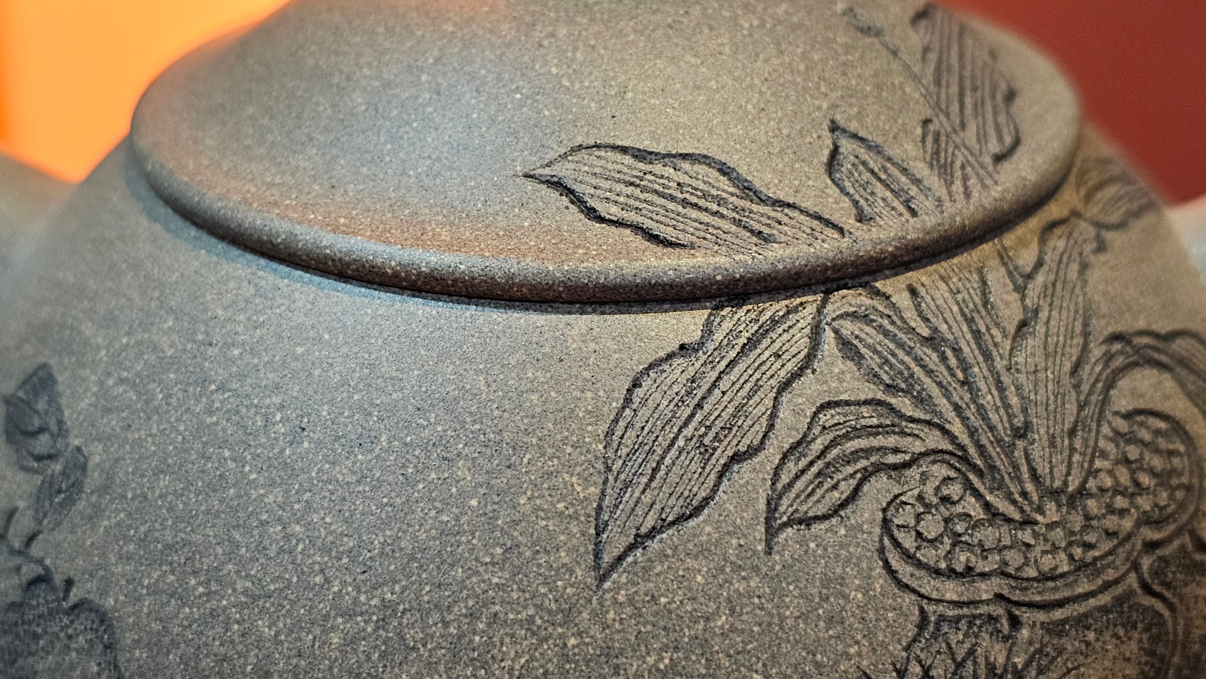 Ban Yue Hu《半月壶》~ "Half Moon Pot", 140.8ml, Qing Hui Duan 青灰段泥, by our Craftsman Zhang Huan 张欢, "Qing Gong Tu" 清供图 Engraving by Craftsman Nan Shan Lao Ren 南山老人 ~ Congratulations to Ms M.L.! 0831hrs 10th August 2025! Phoenix, AZ!