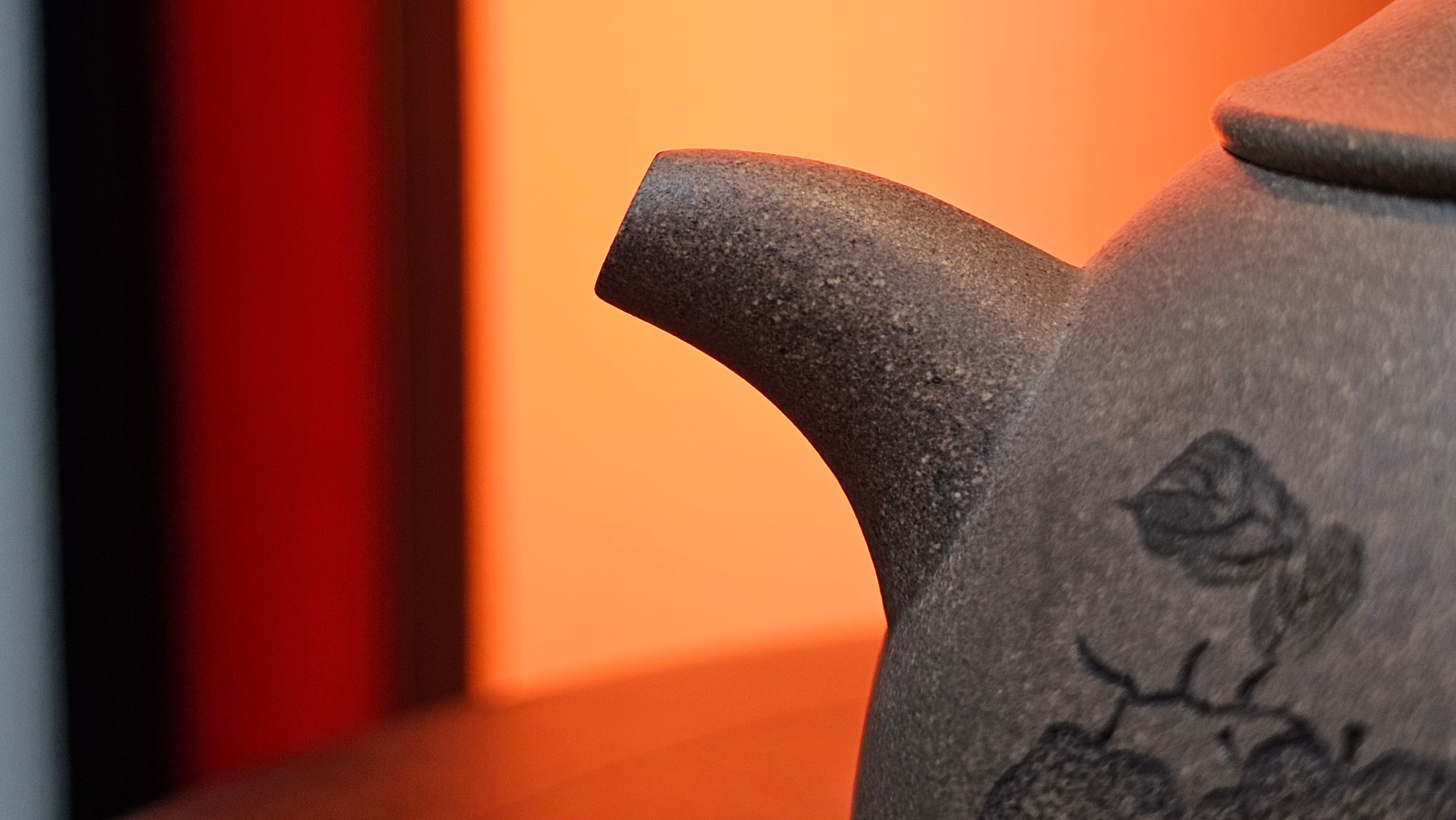 Ban Yue Hu《半月壶》~ "Half Moon Pot", 140.8ml, Qing Hui Duan 青灰段泥, by our Craftsman Zhang Huan 张欢, "Qing Gong Tu" 清供图 Engraving by Craftsman Nan Shan Lao Ren 南山老人 ~ Congratulations to Ms M.L.! 0831hrs 10th August 2025! Phoenix, AZ!