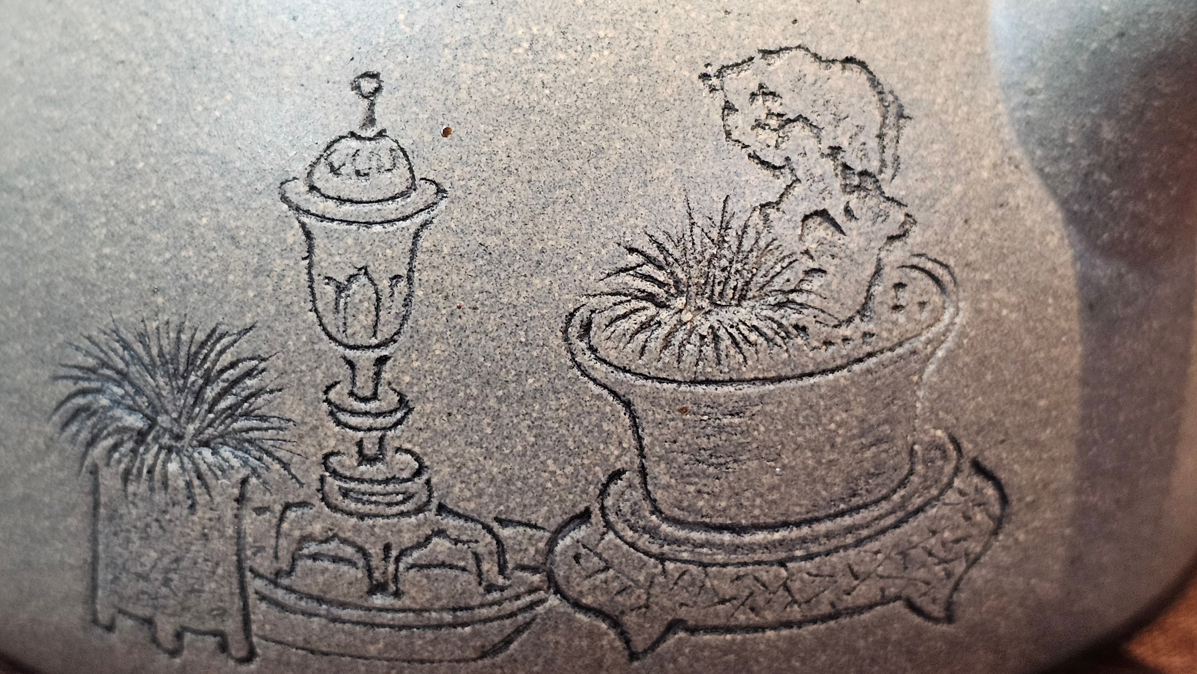 Ban Yue Hu《半月壶》~ "Half Moon Pot", 136.8ml, Qing Hui Duan 青灰段泥, by our Craftsman Zhang Huan 张欢, "Qing Gong Tu" 清供图 Engraving by Craftsman Nan Shan Lao Ren 南山老人 ~ Congratulations to Ms J.C.! 1243hrs 10th August 2025, Los Angeles, CA!