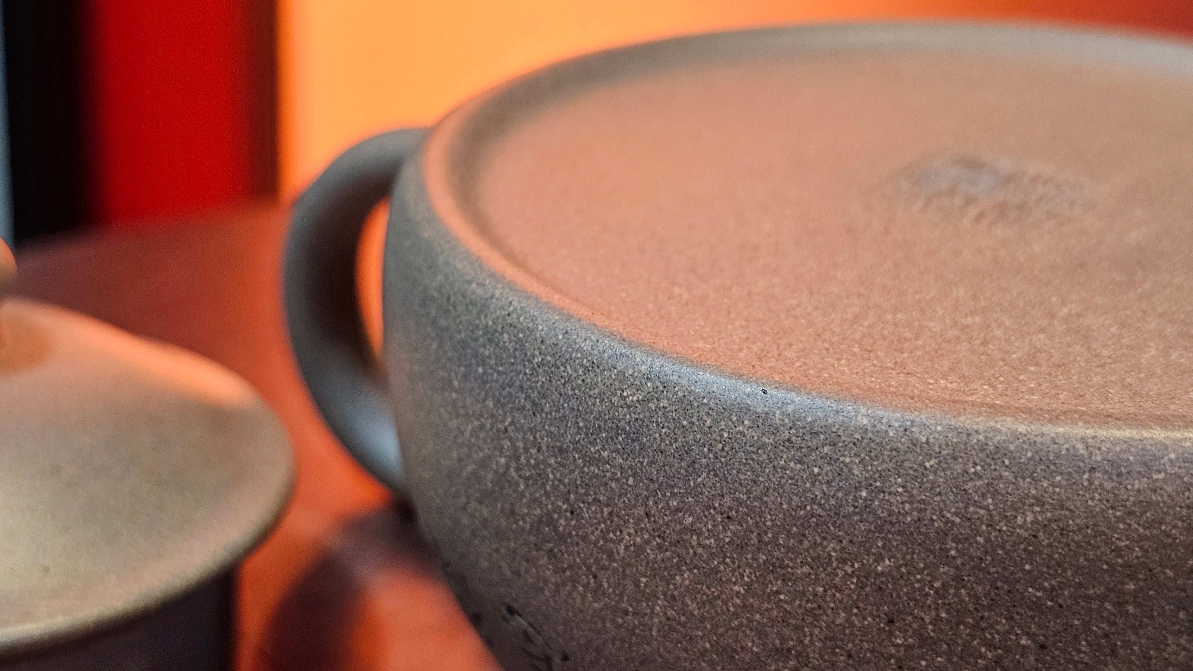 Ban Yue Hu《半月壶》~ "Half Moon Pot", 136.8ml, Qing Hui Duan 青灰段泥, by our Craftsman Zhang Huan 张欢, "Qing Gong Tu" 清供图 Engraving by Craftsman Nan Shan Lao Ren 南山老人 ~ Congratulations to Ms J.C.! 1243hrs 10th August 2025, Los Angeles, CA!