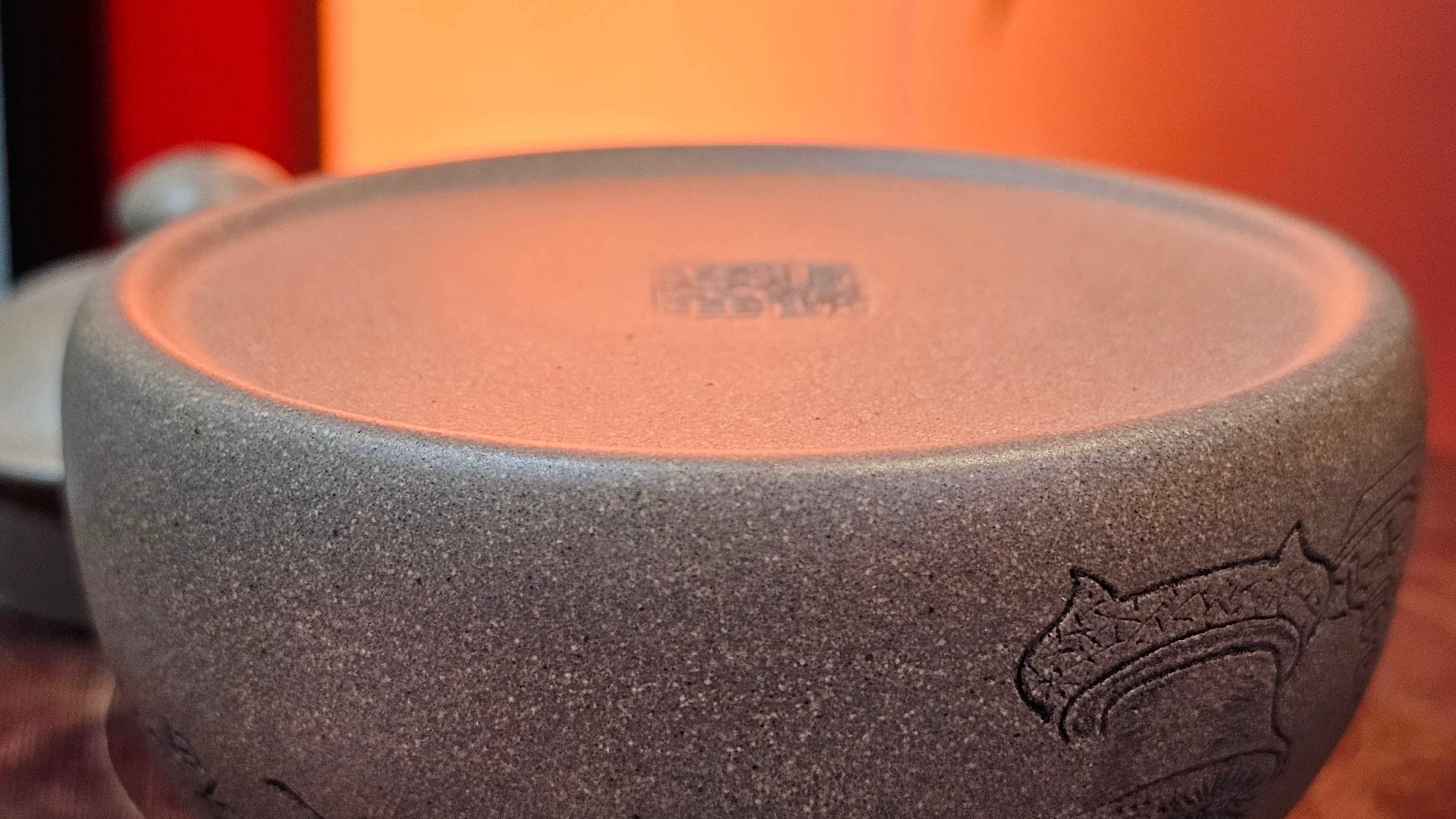 Ban Yue Hu《半月壶》~ "Half Moon Pot", 136.8ml, Qing Hui Duan 青灰段泥, by our Craftsman Zhang Huan 张欢, "Qing Gong Tu" 清供图 Engraving by Craftsman Nan Shan Lao Ren 南山老人 ~ Congratulations to Ms J.C.! 1243hrs 10th August 2025, Los Angeles, CA!