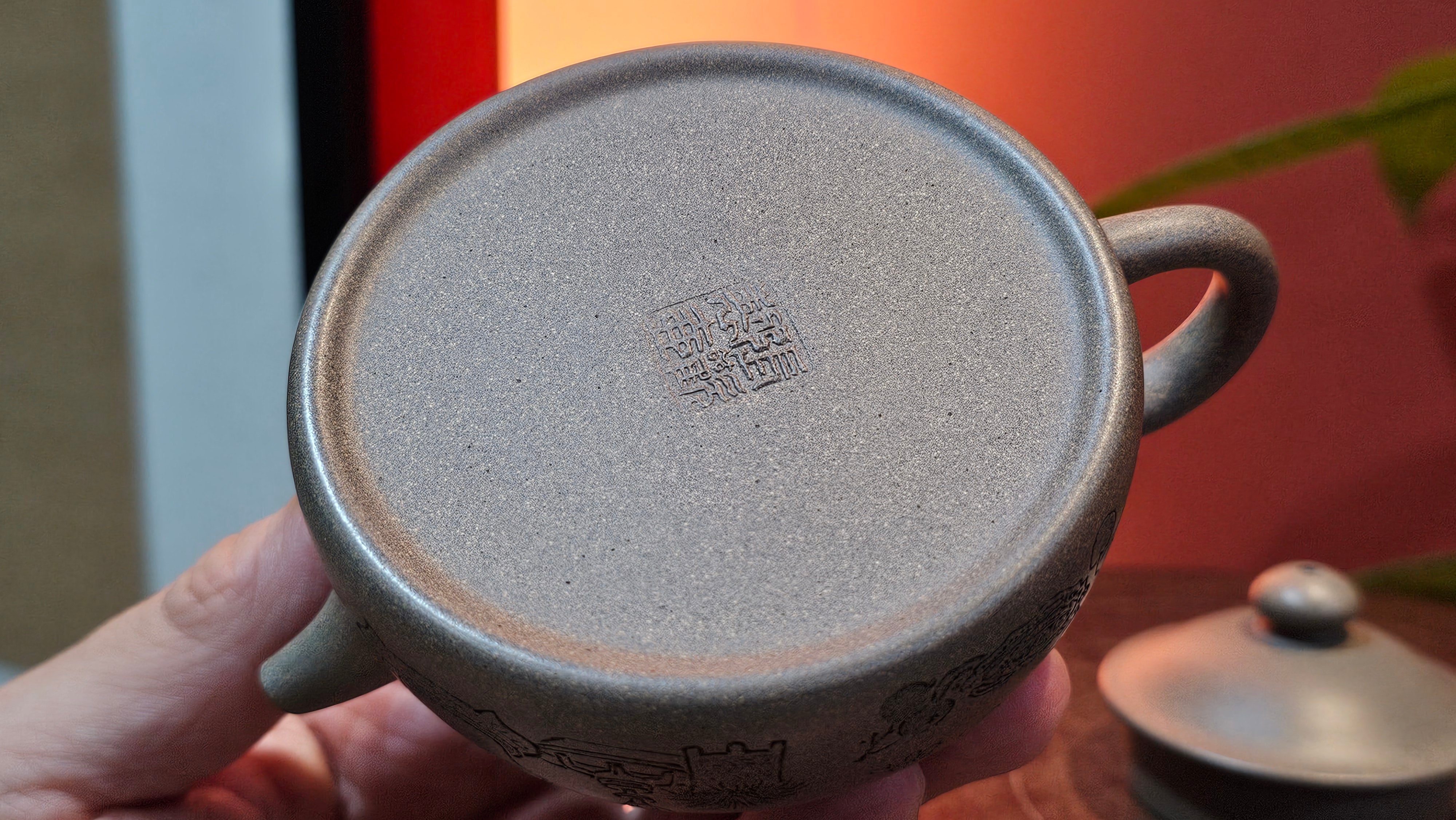 Ban Yue Hu《半月壶》~ "Half Moon Pot", 136.8ml, Qing Hui Duan 青灰段泥, by our Craftsman Zhang Huan 张欢, "Qing Gong Tu" 清供图 Engraving by Craftsman Nan Shan Lao Ren 南山老人 ~ Congratulations to Ms J.C.! 1243hrs 10th August 2025, Los Angeles, CA!