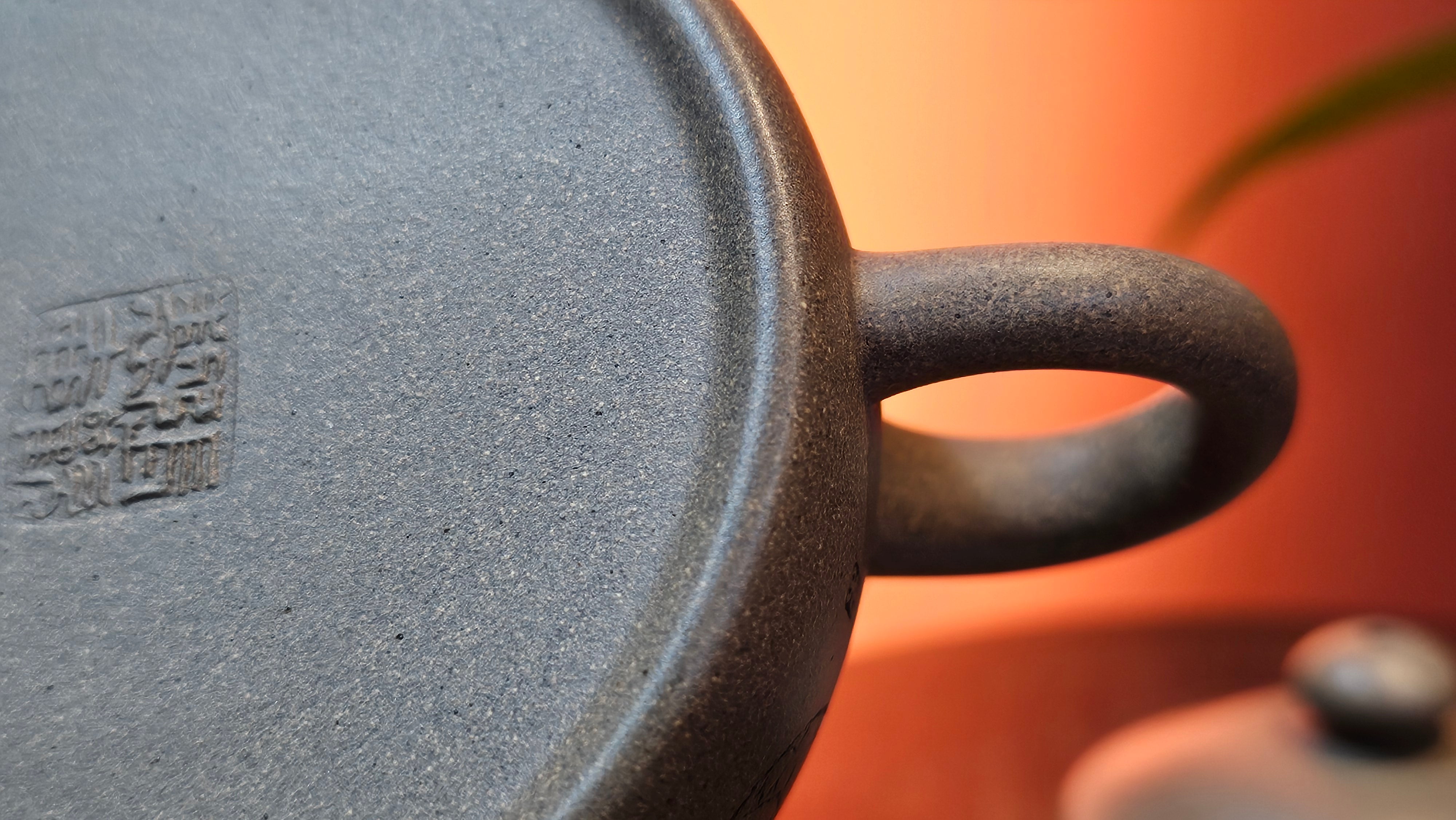 Ban Yue Hu《半月壶》~ "Half Moon Pot", 136.8ml, Qing Hui Duan 青灰段泥, by our Craftsman Zhang Huan 张欢, "Qing Gong Tu" 清供图 Engraving by Craftsman Nan Shan Lao Ren 南山老人 ~ Congratulations to Ms J.C.! 1243hrs 10th August 2025, Los Angeles, CA!