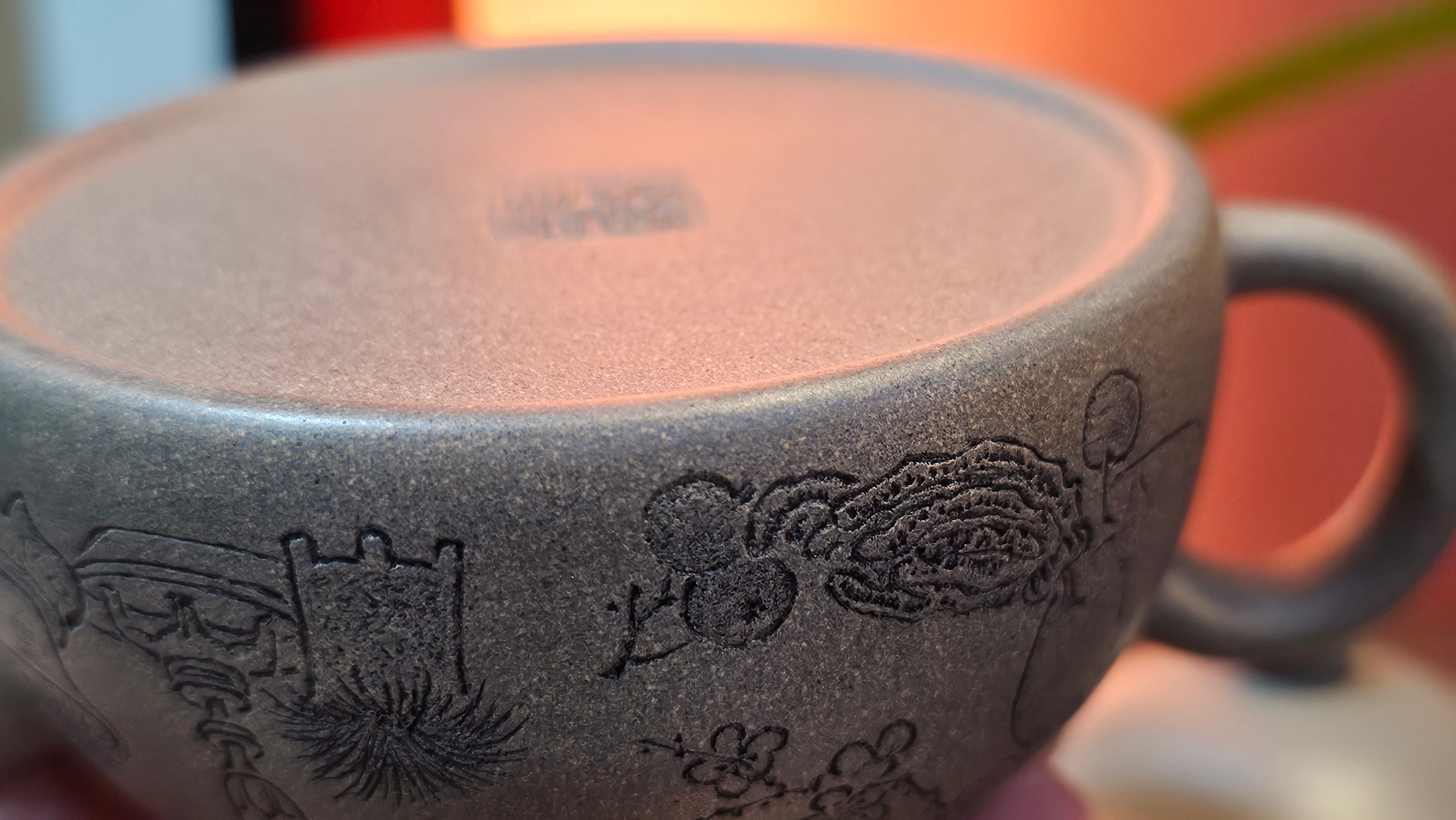 Ban Yue Hu《半月壶》~ "Half Moon Pot", 136.8ml, Qing Hui Duan 青灰段泥, by our Craftsman Zhang Huan 张欢, "Qing Gong Tu" 清供图 Engraving by Craftsman Nan Shan Lao Ren 南山老人 ~ Congratulations to Ms J.C.! 1243hrs 10th August 2025, Los Angeles, CA!