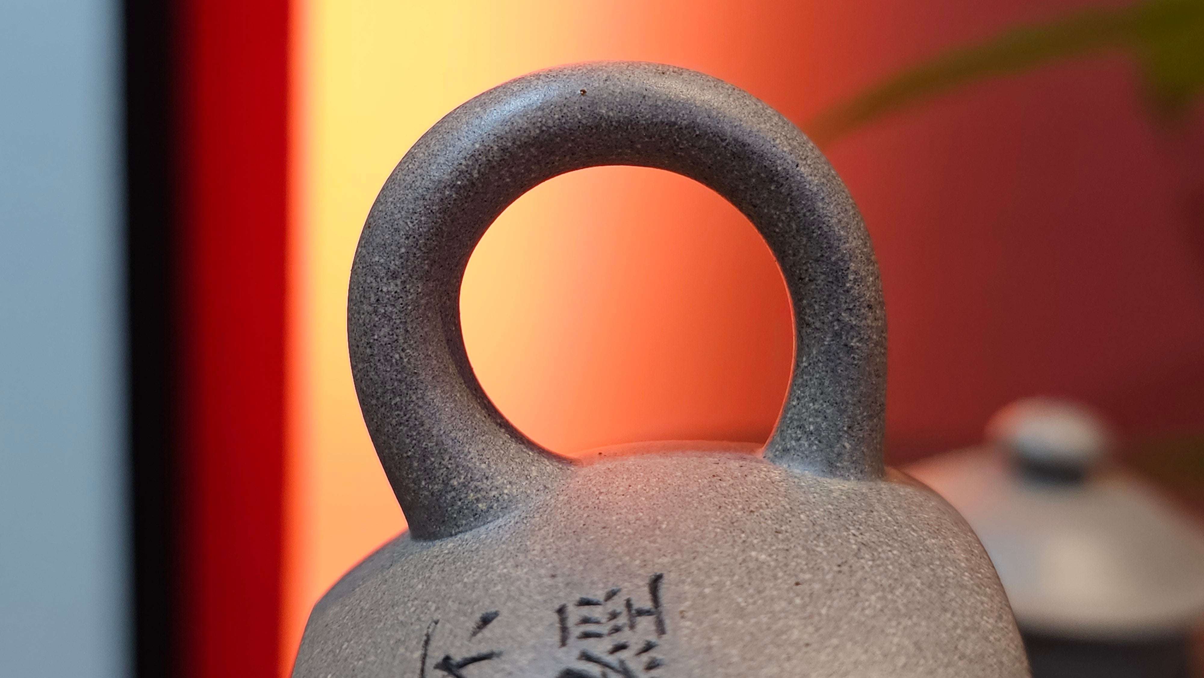 Ban Yue Hu《半月壶》~ "Half Moon Pot", 136.8ml, Qing Hui Duan 青灰段泥, by our Craftsman Zhang Huan 张欢, "Qing Gong Tu" 清供图 Engraving by Craftsman Nan Shan Lao Ren 南山老人 ~ Congratulations to Ms J.C.! 1243hrs 10th August 2025, Los Angeles, CA!