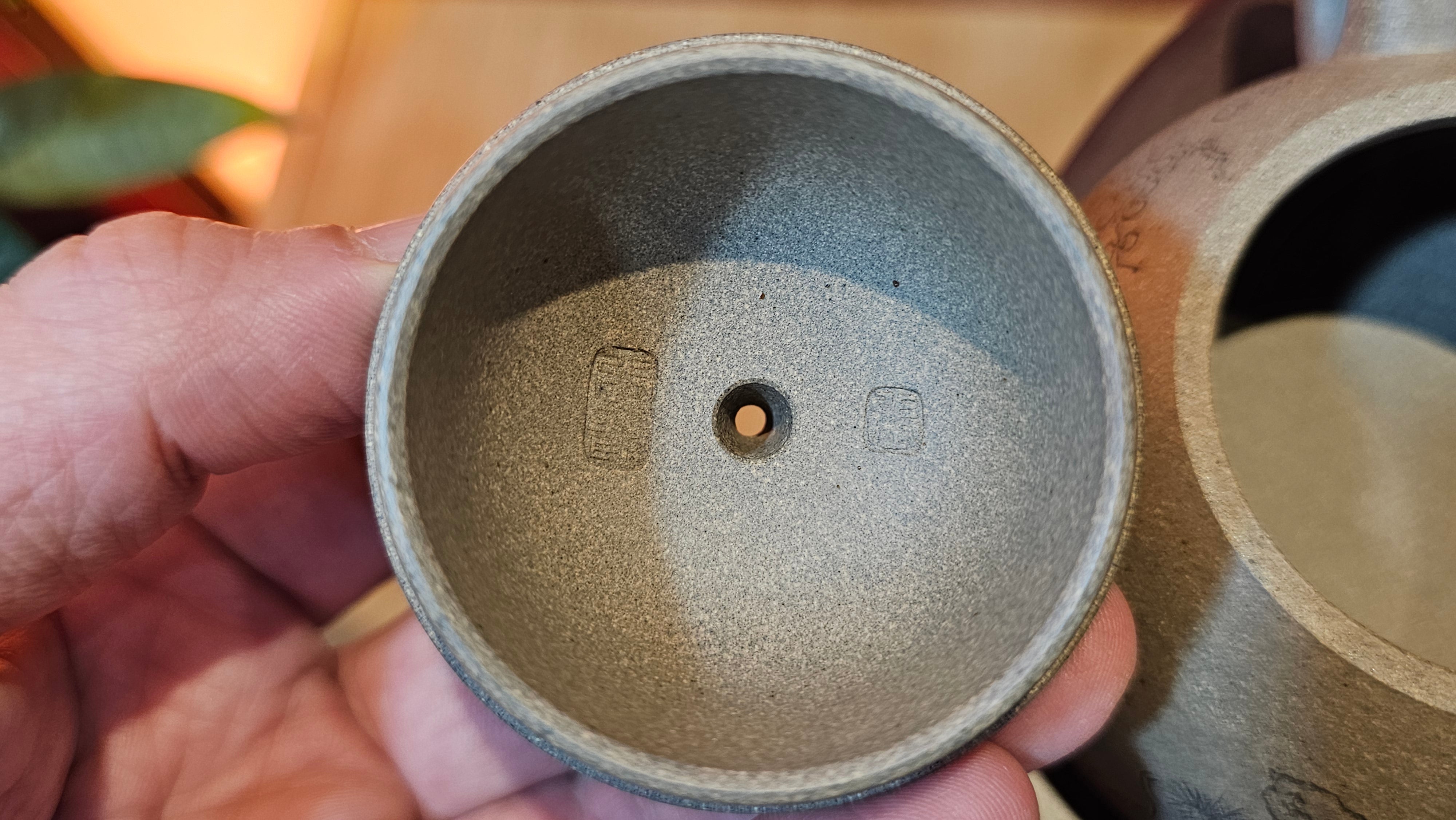 Ban Yue Hu《半月壶》~ "Half Moon Pot", 136.8ml, Qing Hui Duan 青灰段泥, by our Craftsman Zhang Huan 张欢, "Qing Gong Tu" 清供图 Engraving by Craftsman Nan Shan Lao Ren 南山老人 ~ Congratulations to Ms J.C.! 1243hrs 10th August 2025, Los Angeles, CA!