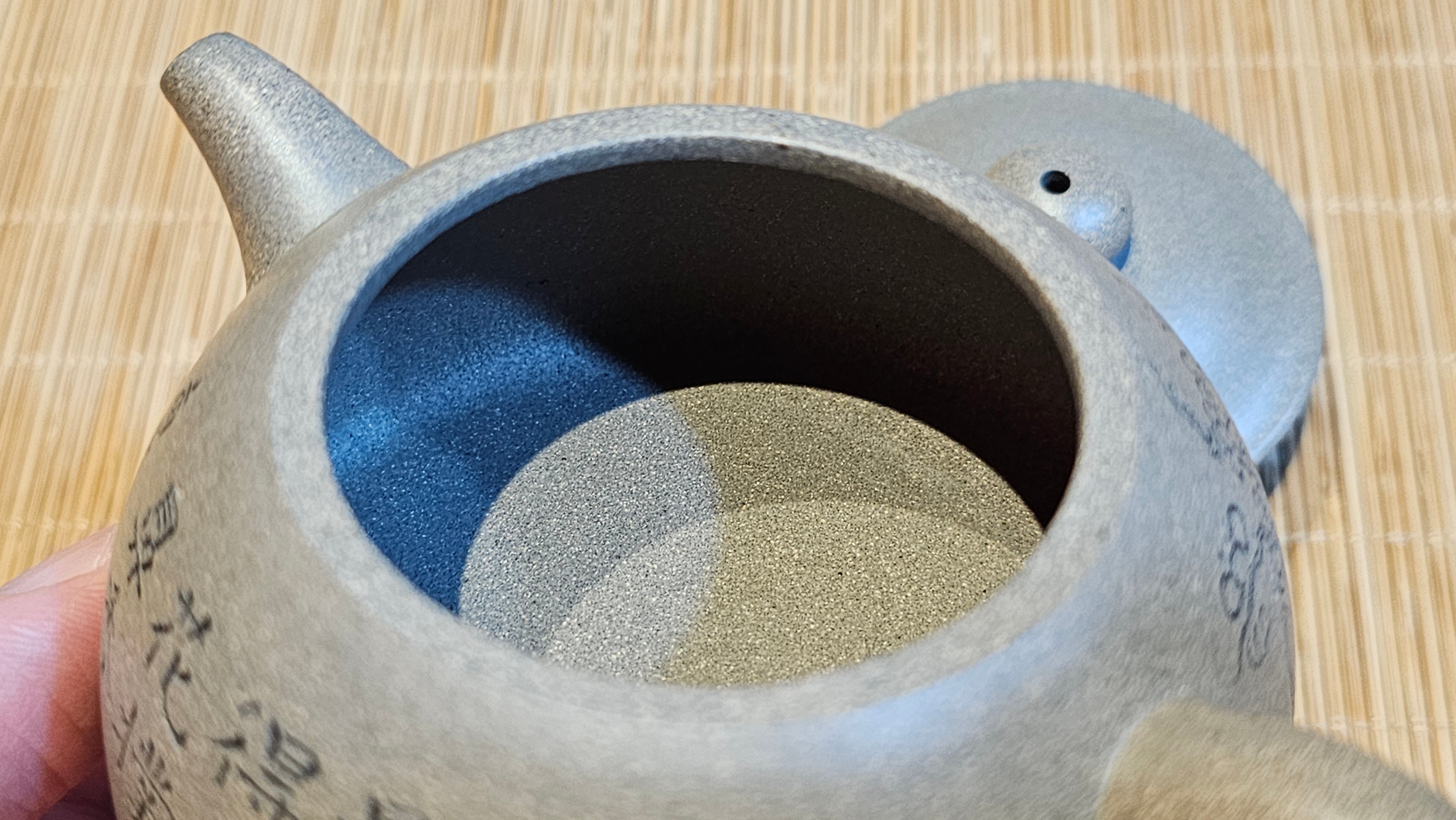 Ban Yue Hu《半月壶》~ "Half Moon Pot", 136.8ml, Qing Hui Duan 青灰段泥, by our Craftsman Zhang Huan 张欢, "Qing Gong Tu" 清供图 Engraving by Craftsman Nan Shan Lao Ren 南山老人 ~ Congratulations to Ms J.C.! 1243hrs 10th August 2025, Los Angeles, CA!