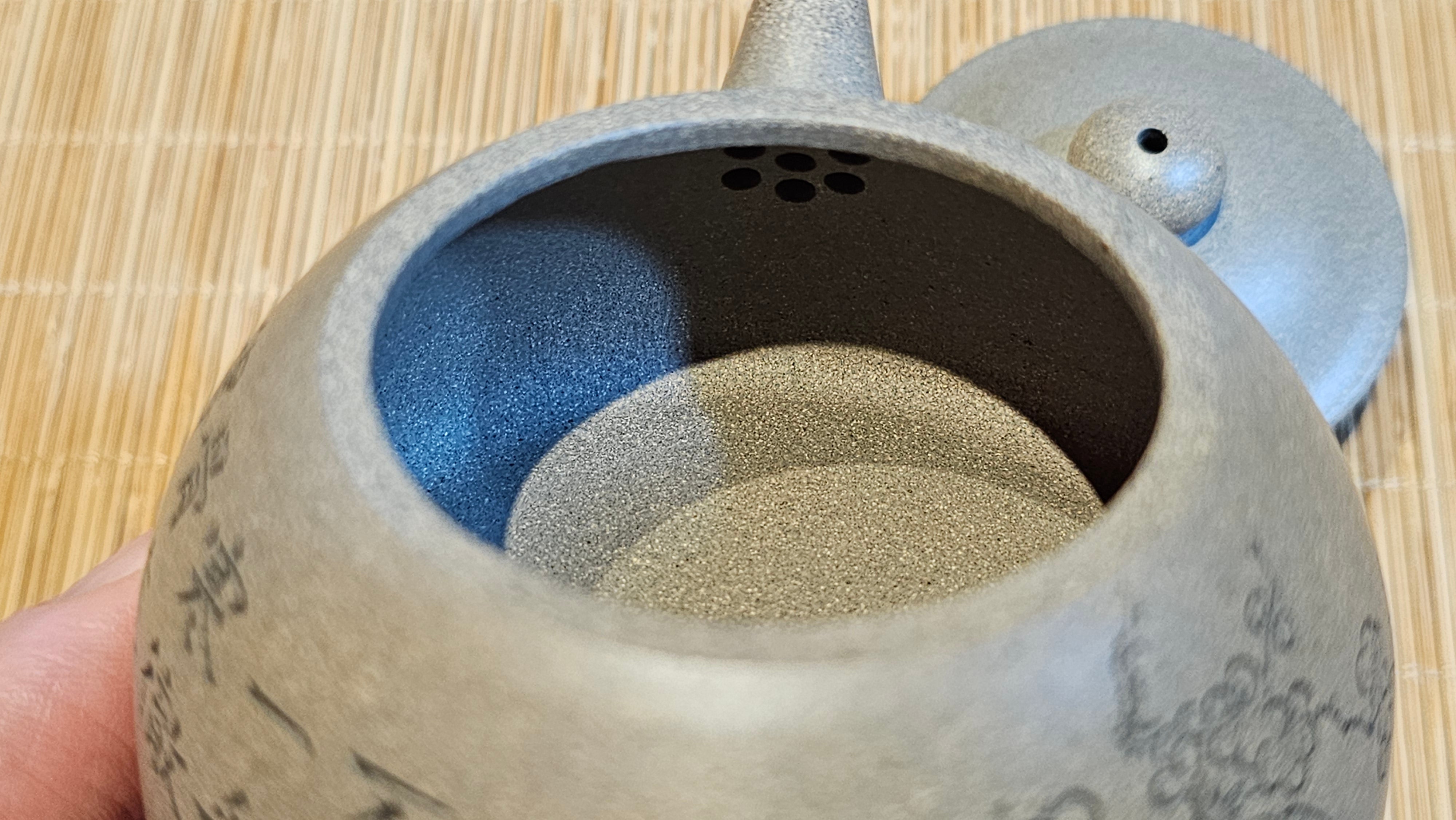 Ban Yue Hu《半月壶》~ "Half Moon Pot", 136.8ml, Qing Hui Duan 青灰段泥, by our Craftsman Zhang Huan 张欢, "Qing Gong Tu" 清供图 Engraving by Craftsman Nan Shan Lao Ren 南山老人 ~ Congratulations to Ms J.C.! 1243hrs 10th August 2025, Los Angeles, CA!