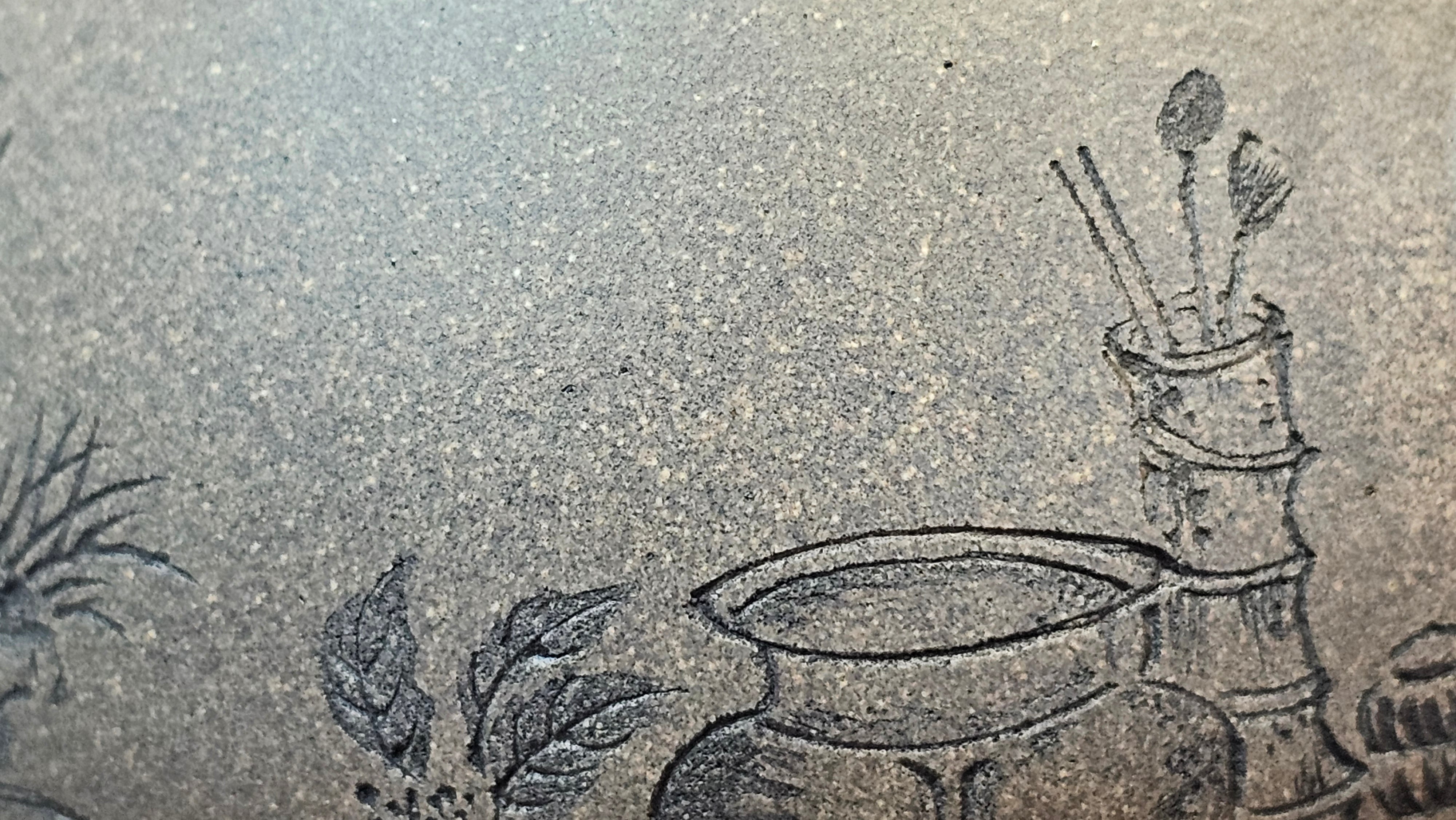 Ban Yue Hu《半月壶》~ "Half Moon Pot", 141.8ml, Qing Hui Duan 青灰段泥, by our Craftsman Zhang Huan 张欢, "Qing Gong Tu" 清供图 Engraving by Craftsman Nan Shan Lao Ren 南山老人 ~ Congratulations to!Mr T.A.! 2112hrs 12th August 2025, Samorin! Slovakia🇸🇰.