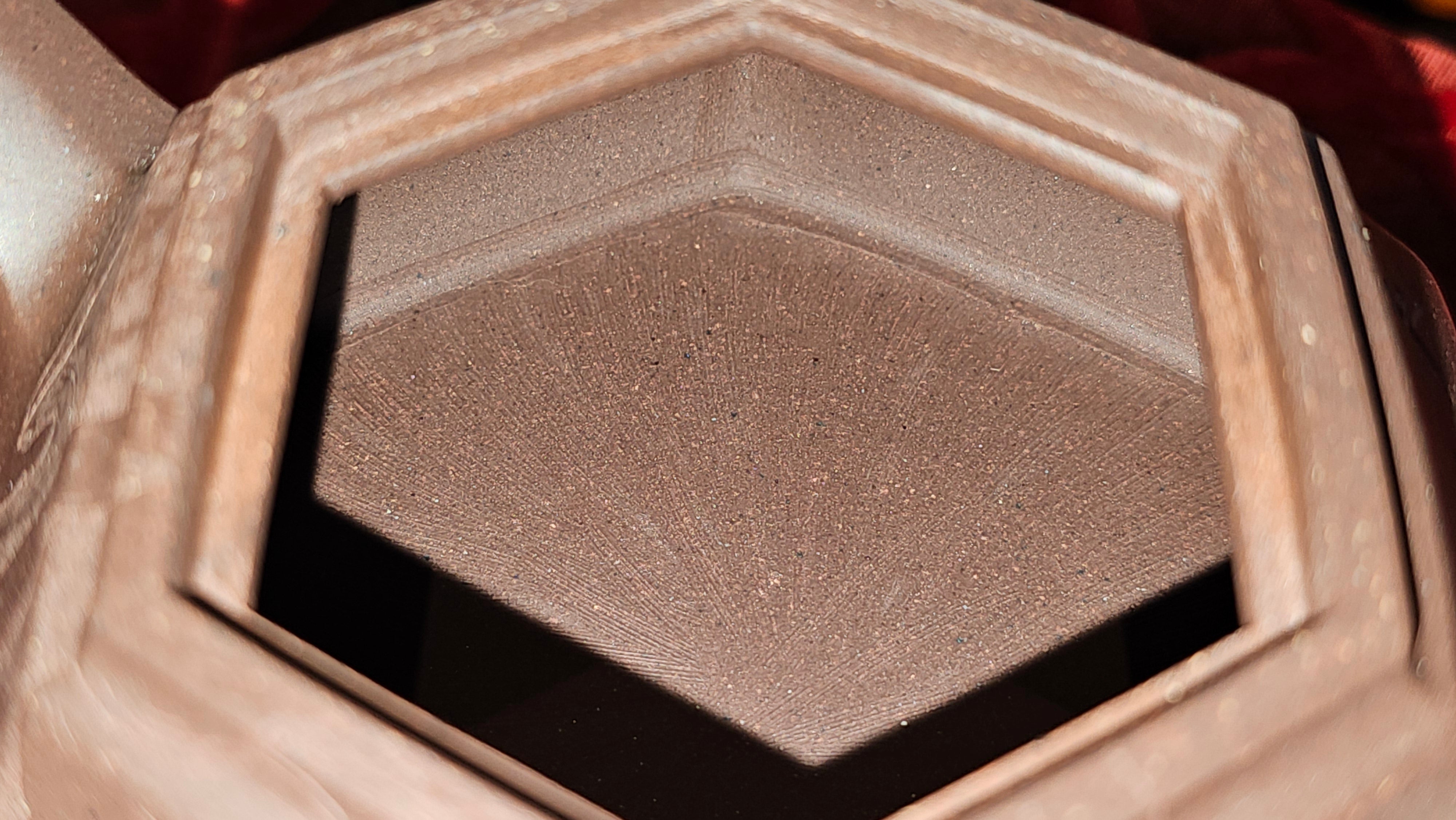 《六方半月》"Liu Fang Ban Yue", 290.1ml, "一饮涤昏寐，情思爽朗满天地" and Lotus Flower nengraving, Di Cao Qing Zi Ni 底槽青紫泥, by L2A Senior Consummate Artist Yuan Hui 袁辉 ~ Congratulations!to Ms M.L., 0732hrs 6th Sept 2025, Phoenix, AZ!