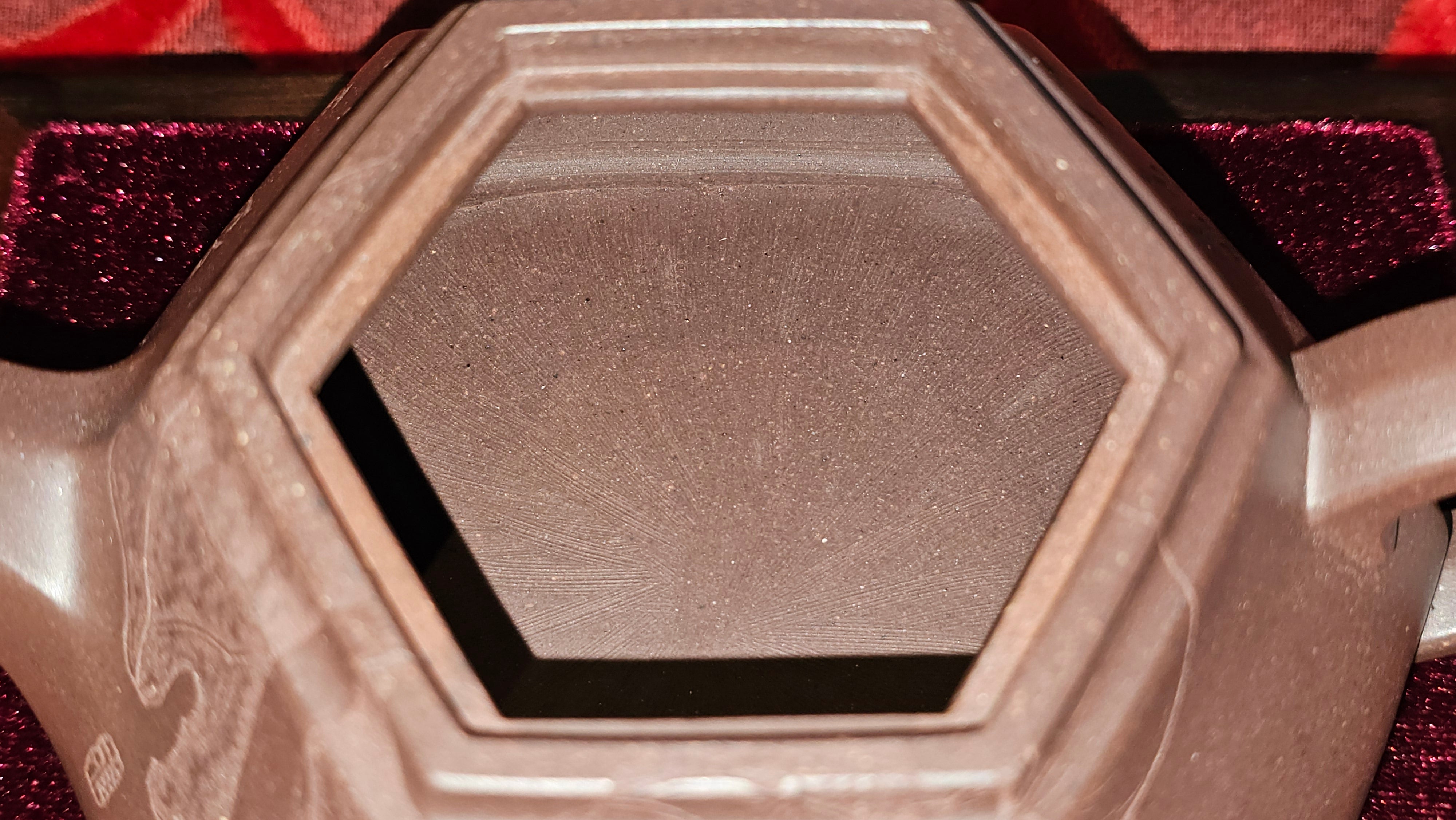 《六方半月》"Liu Fang Ban Yue", 290.1ml, "一饮涤昏寐，情思爽朗满天地" and Lotus Flower nengraving, Di Cao Qing Zi Ni 底槽青紫泥, by L2A Senior Consummate Artist Yuan Hui 袁辉 ~ Congratulations!to Ms M.L., 0732hrs 6th Sept 2025, Phoenix, AZ!